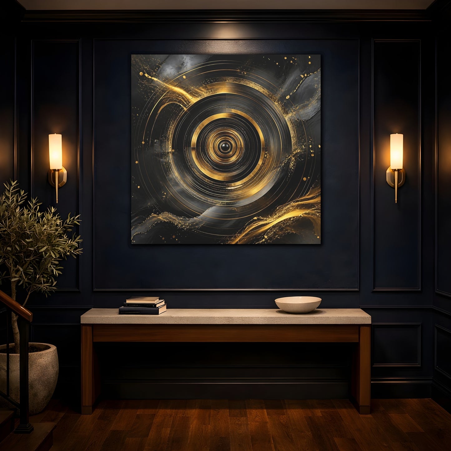 Mockup 4. Abstract Concentric Circles Black And Gold shown as stretched canvas wall art