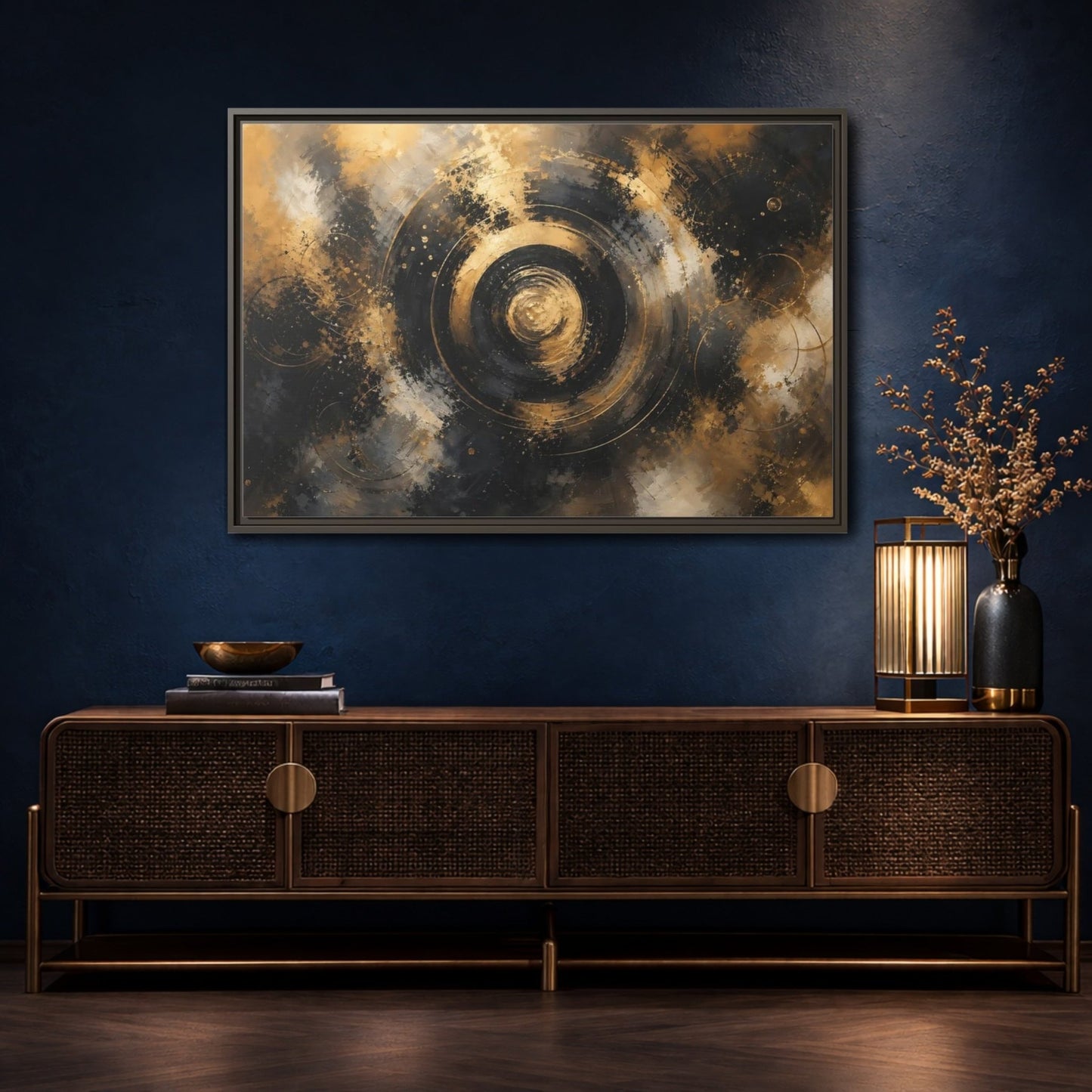 Abstract Concentric Circles Black Gold Framed Canvas Print – Living Room, Above Fireplace - YesArtYes