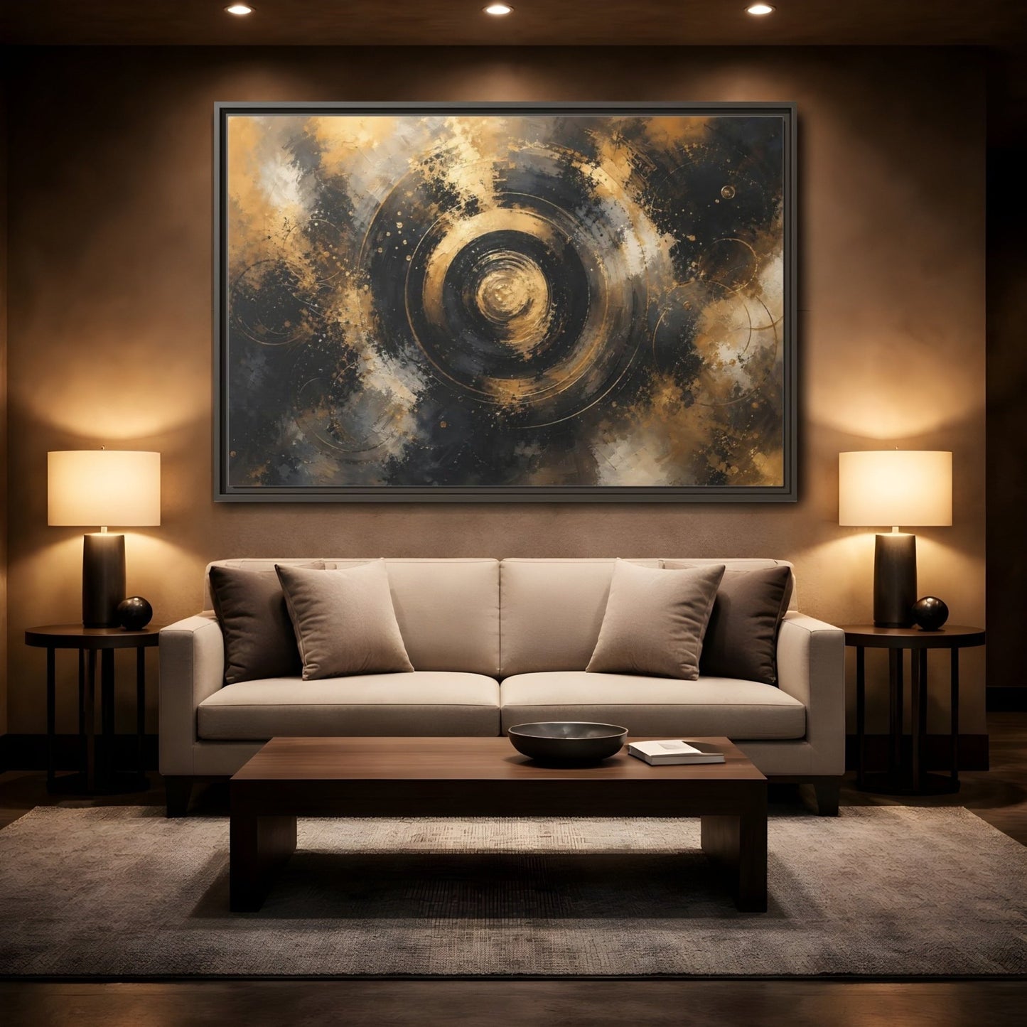 Abstract Concentric Circles Black Gold Framed Canvas Print – Living Room, Above Fireplace - YesArtYes