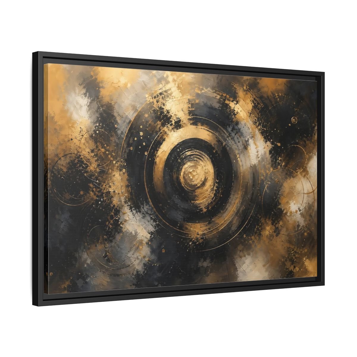 Abstract Concentric Circles Black Gold Framed Canvas Print – Living Room, Above Fireplace - YesArtYes