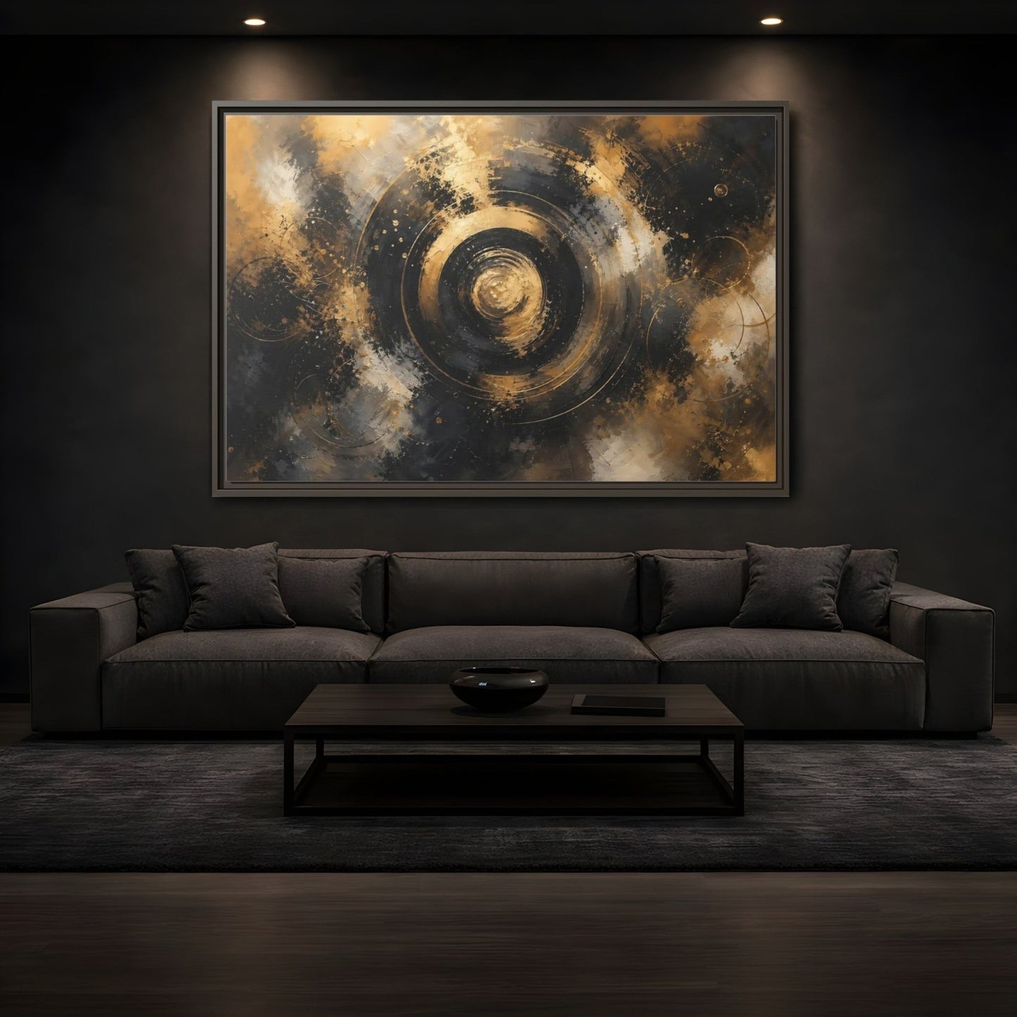 Abstract Concentric Circles Black Gold Framed Canvas Print – Living Room, Above Fireplace - YesArtYes