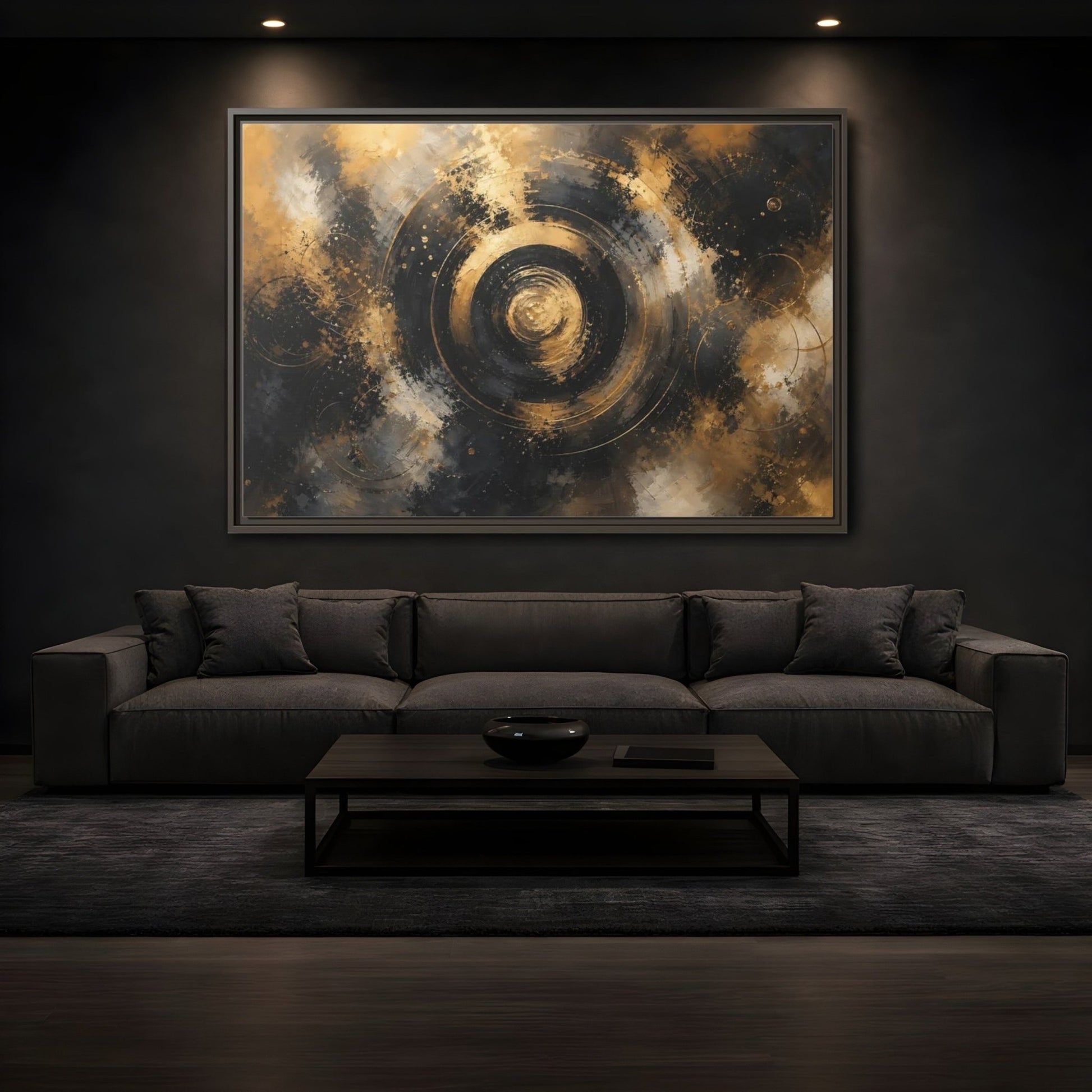 Abstract Concentric Circles Black Gold Framed Canvas Print – Living Room, Above Fireplace - YesArtYes