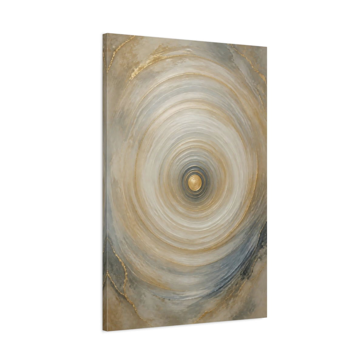 Main Mockup. Abstract Concentric Circles Gold And Gray shown as stretched canvas wall art