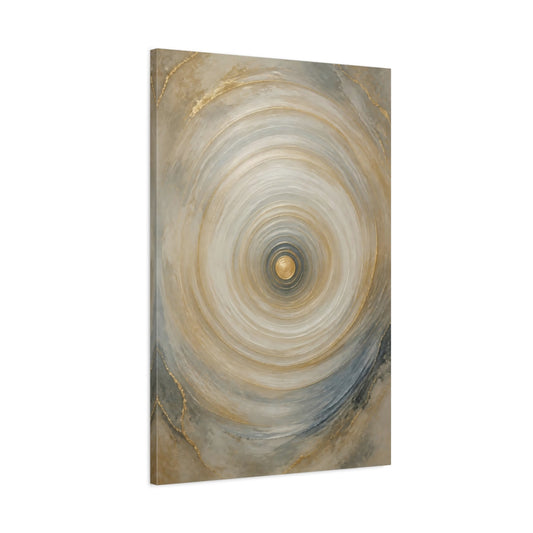 Main Mockup. Abstract Concentric Circles Gold And Gray shown as stretched canvas wall art