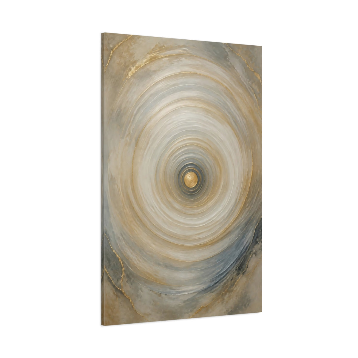 Side Mockup 1. Abstract Concentric Circles Gold And Gray shown as stretched canvas wall art