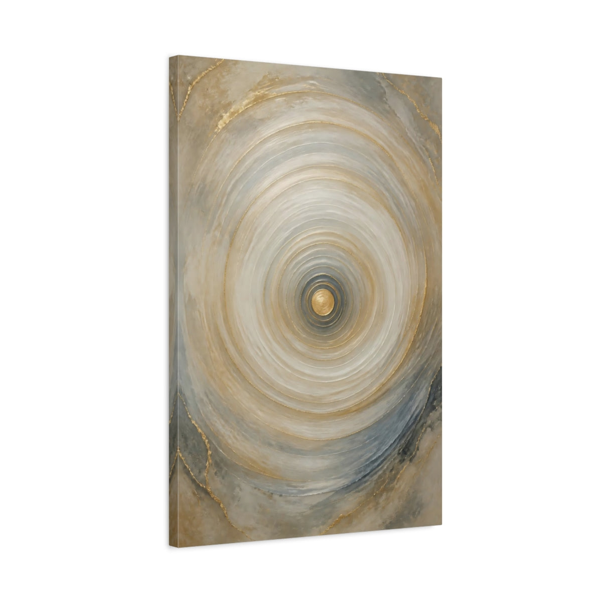 Side Mockup 2. Abstract Concentric Circles Gold And Gray shown as stretched canvas wall art