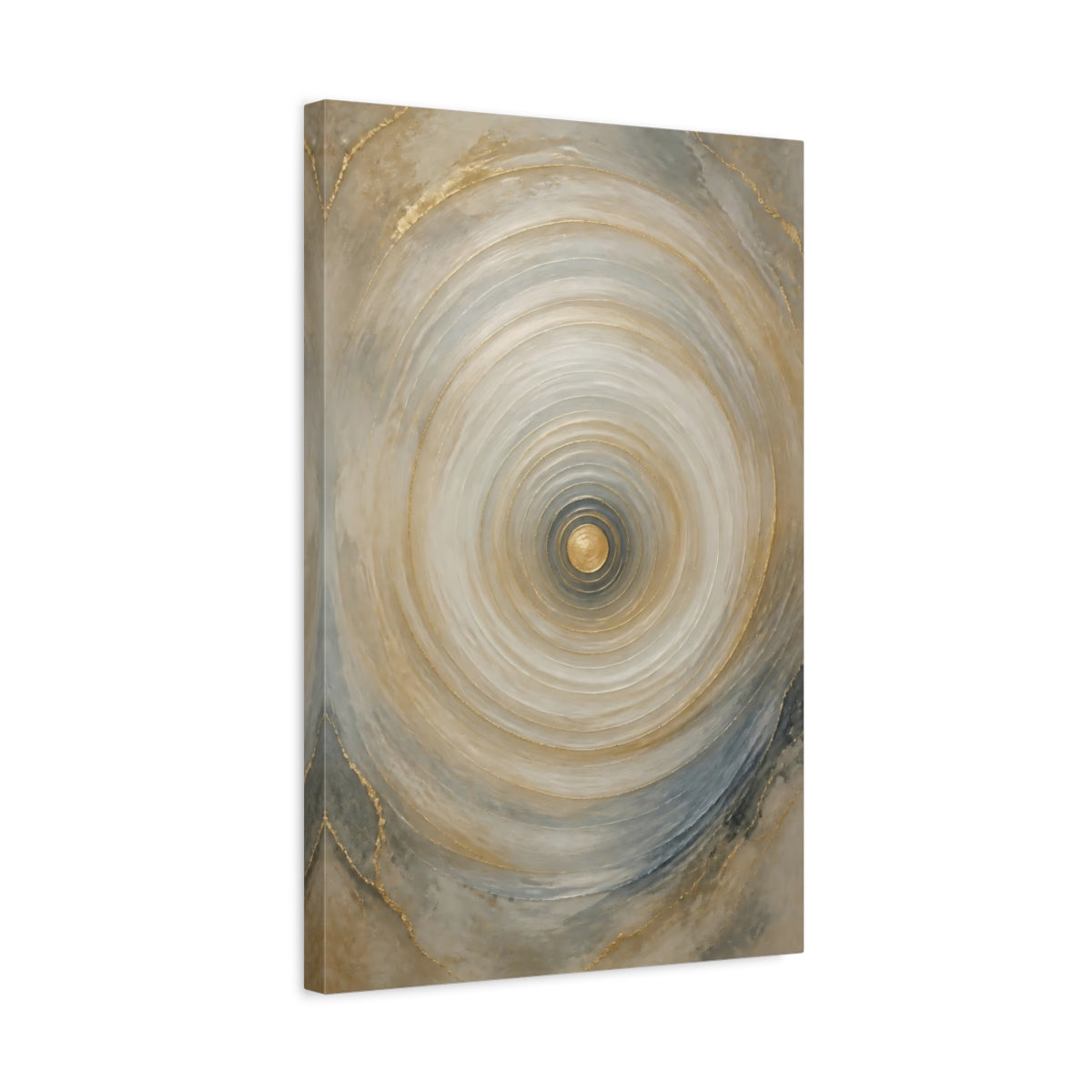 Side Mockup 3. Abstract Concentric Circles Gold And Gray shown as stretched canvas wall art