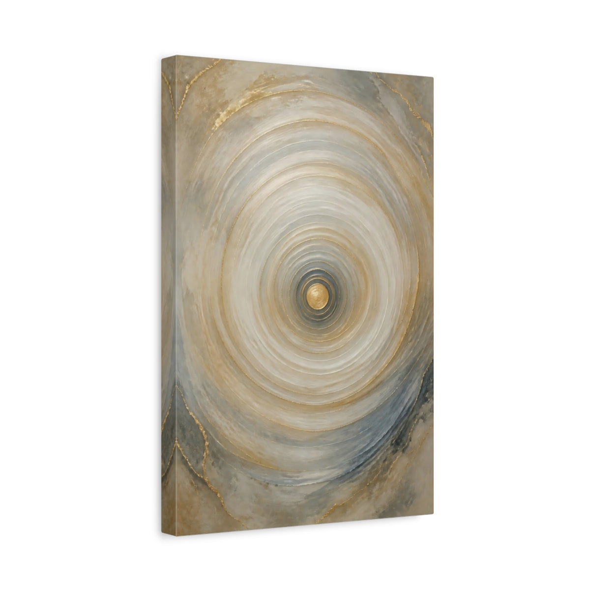 Side Mockup 4. Abstract Concentric Circles Gold And Gray shown as stretched canvas wall art