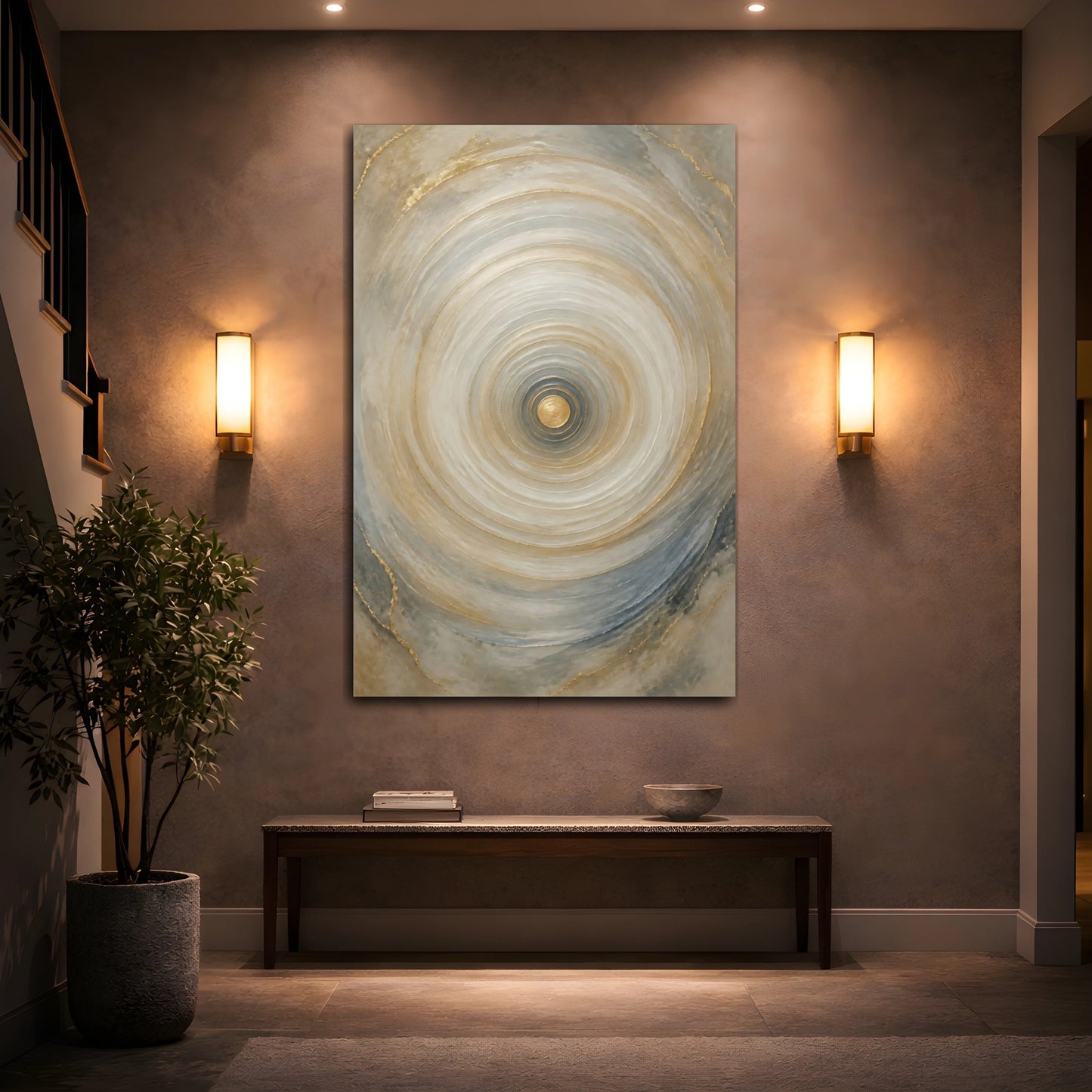 Mockup 2. Abstract Concentric Circles Gold And Gray shown as stretched canvas wall art