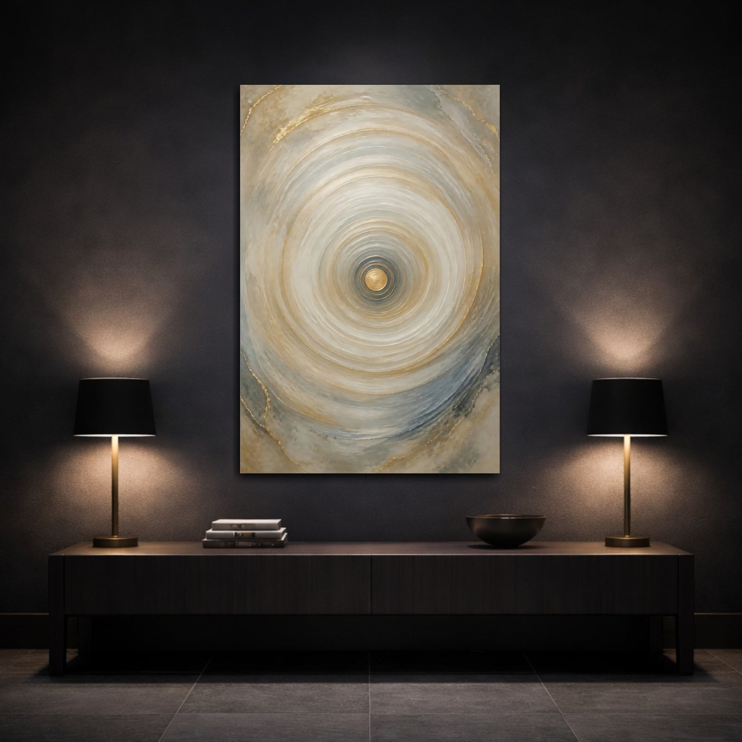 Mockup 3. Abstract Concentric Circles Gold And Gray shown as stretched canvas wall art