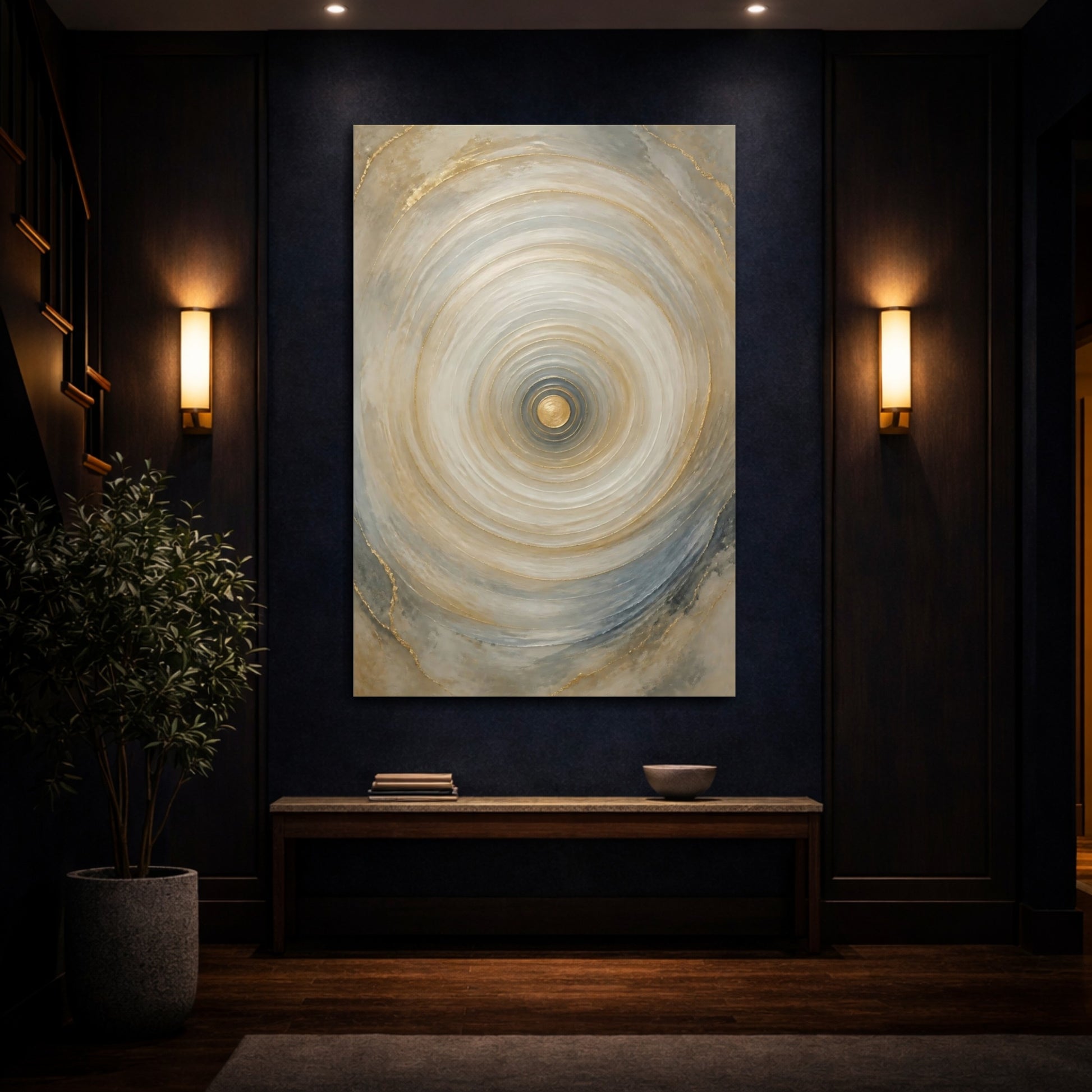 Mockup 4. Abstract Concentric Circles Gold And Gray shown as stretched canvas wall art
