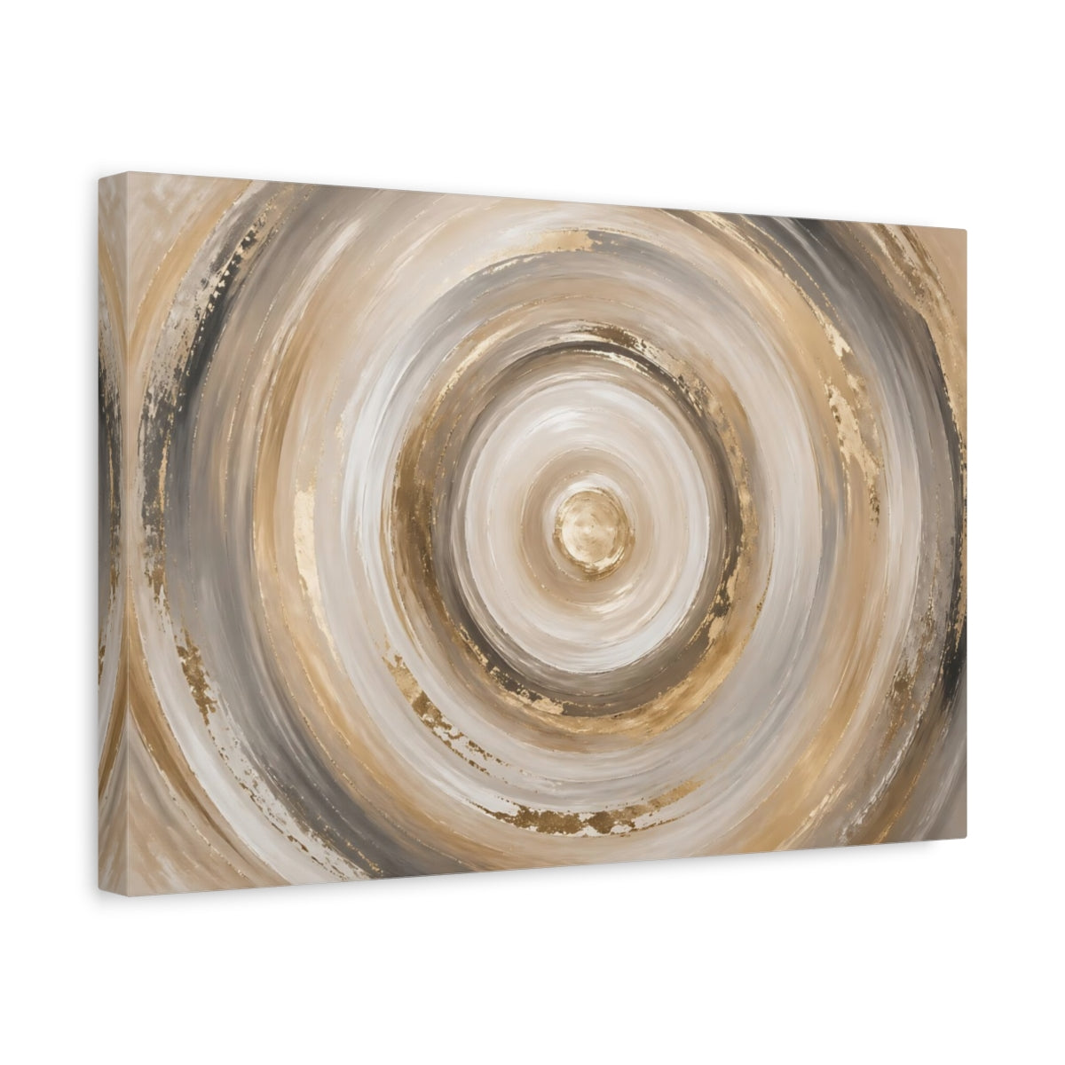 Side Mockup 4. Abstract Concentric Circles Gold Beige Grey shown as stretched canvas wall art