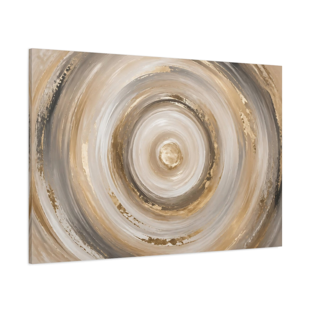 Side Mockup 1. Abstract Concentric Circles Gold Beige Grey shown as stretched canvas wall art