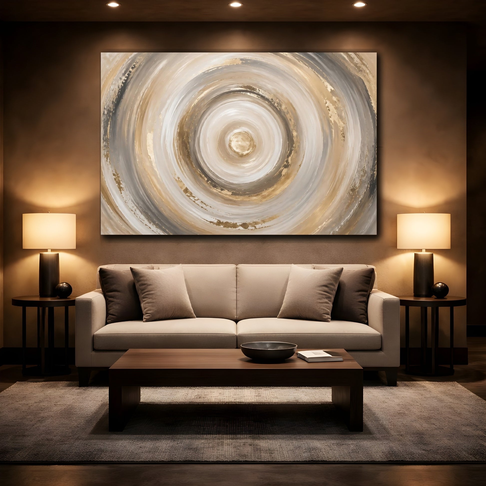 Mockup 2. Abstract Concentric Circles Gold Beige Grey shown as stretched canvas wall art