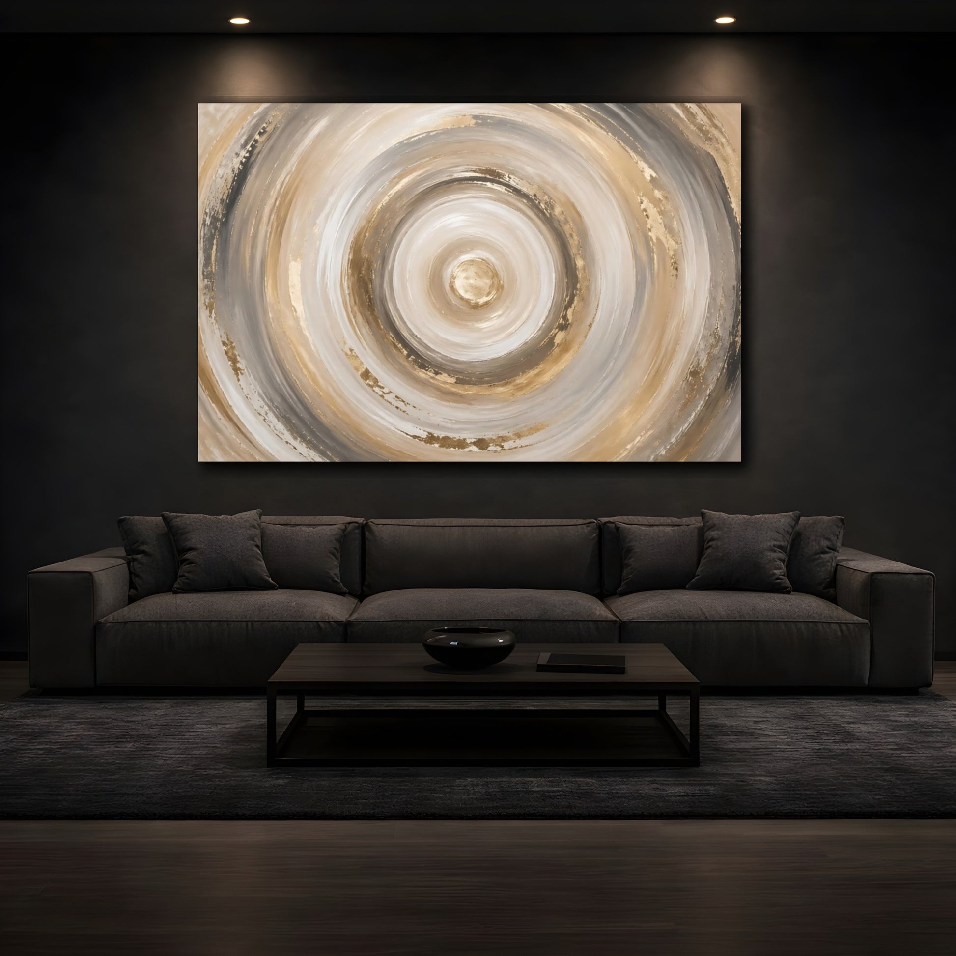 Mockup 3. Abstract Concentric Circles Gold Beige Grey shown as stretched canvas wall art