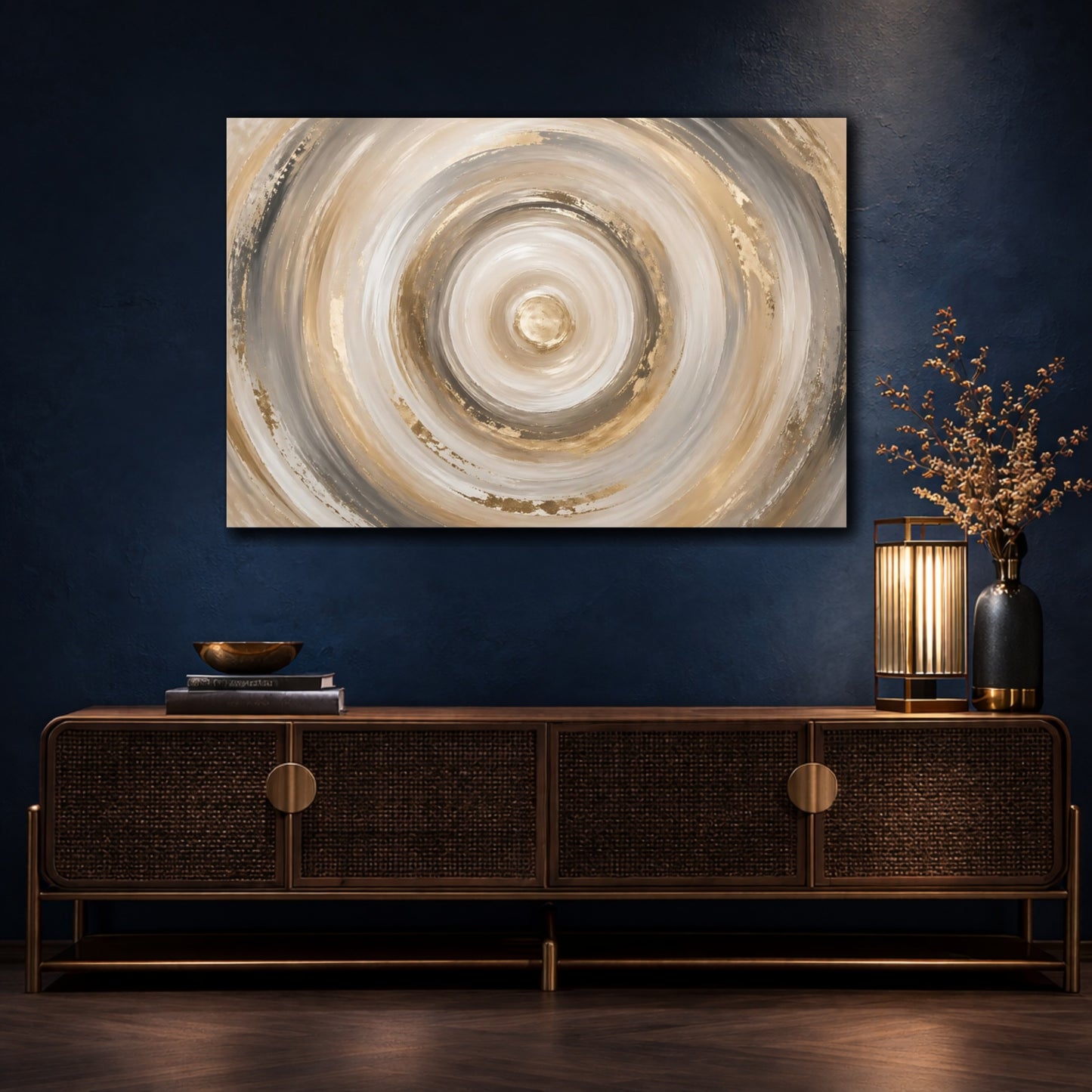 Mockup 4. Abstract Concentric Circles Gold Beige Grey shown as stretched canvas wall art