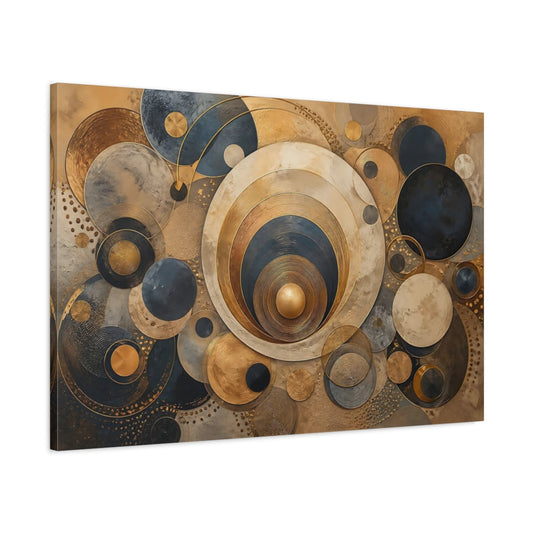Main Mockup. Abstract Concentric Circles Gold Blue Abstract shown as stretched canvas wall art