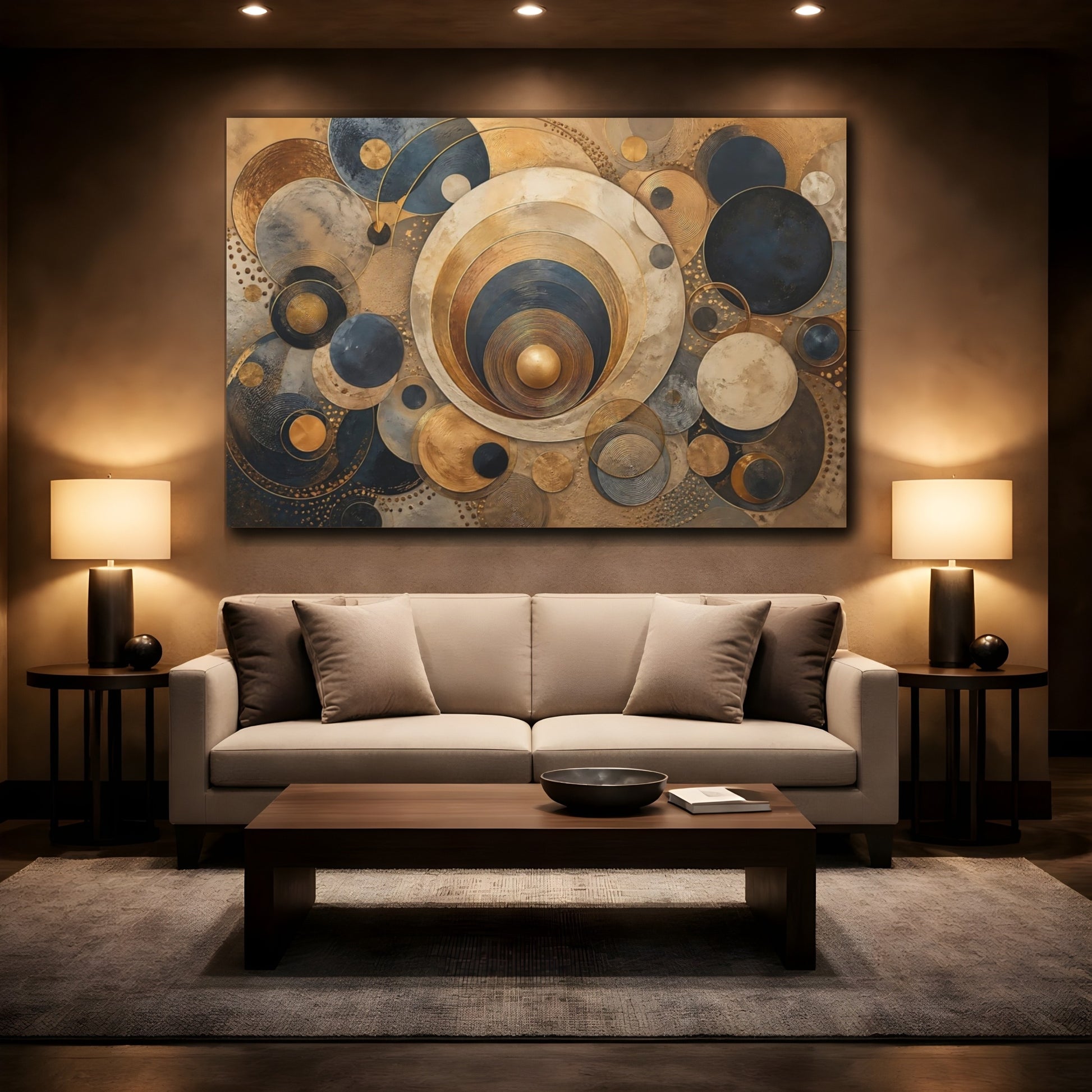 Mockup 2. Abstract Concentric Circles Gold Blue Abstract shown as stretched canvas wall art