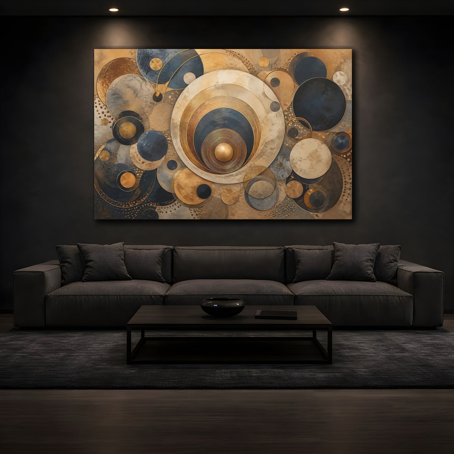 Mockup 3. Abstract Concentric Circles Gold Blue Abstract shown as stretched canvas wall art