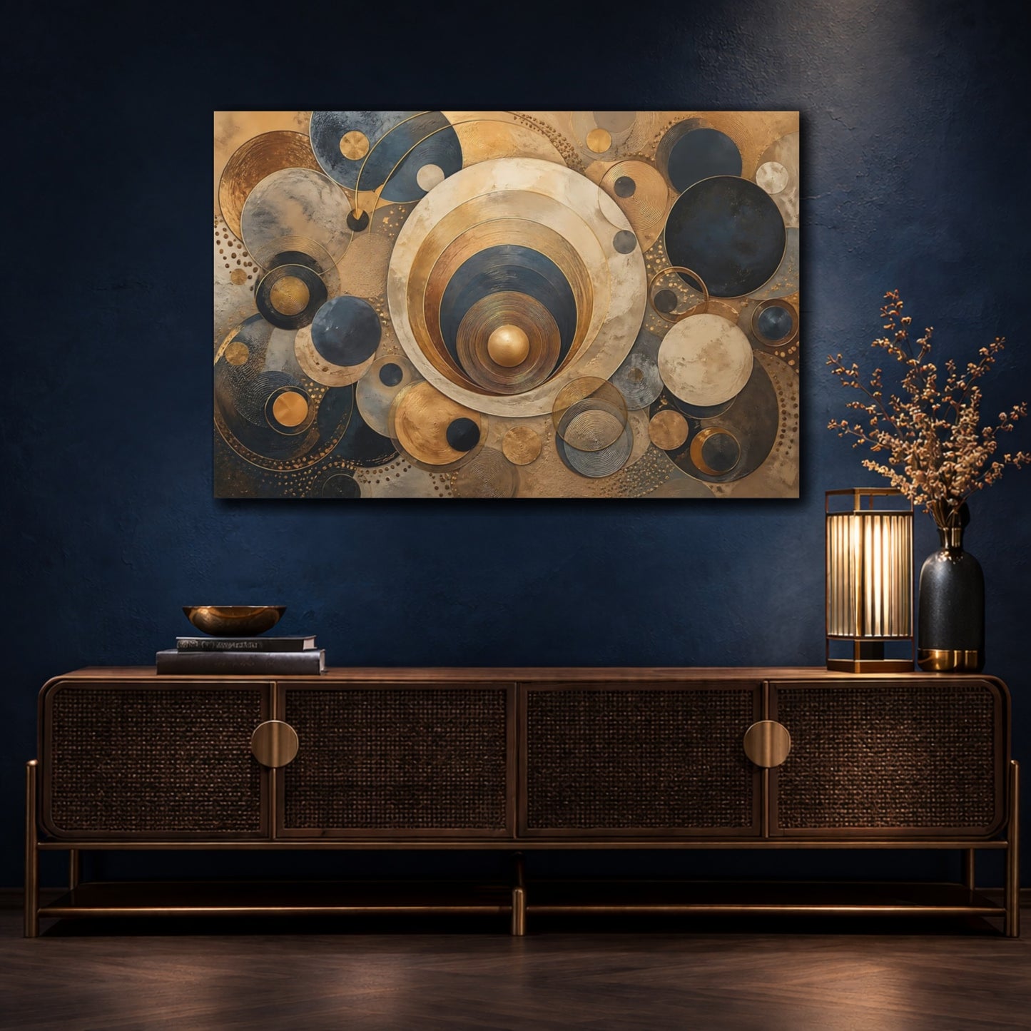 Mockup 4. Abstract Concentric Circles Gold Blue Abstract shown as stretched canvas wall art