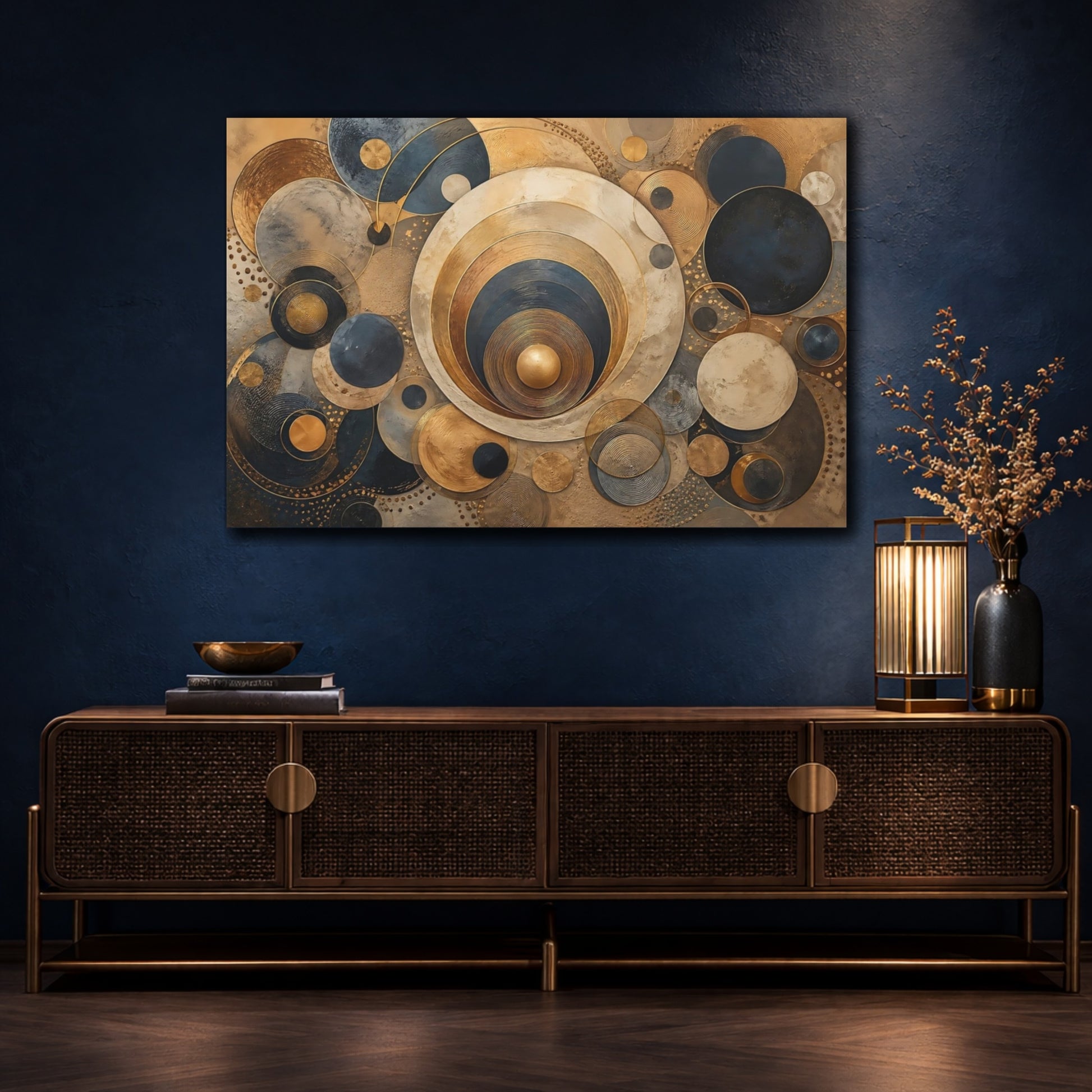 Mockup 4. Abstract Concentric Circles Gold Blue Abstract shown as stretched canvas wall art