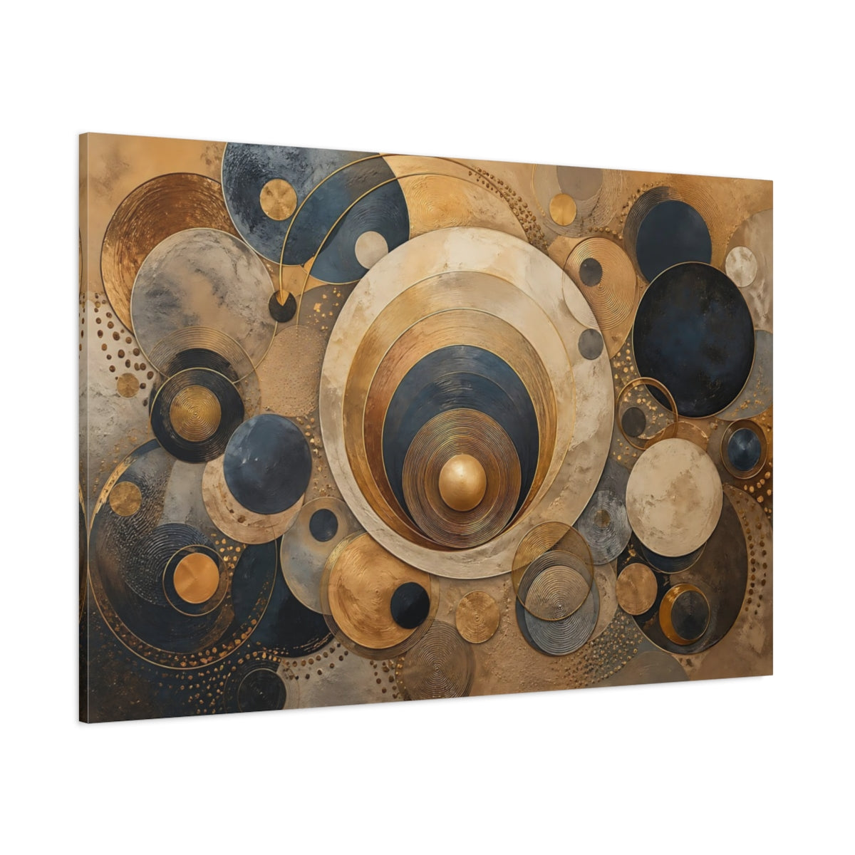 Side Mockup 1. Abstract Concentric Circles Gold Blue Abstract shown as stretched canvas wall art