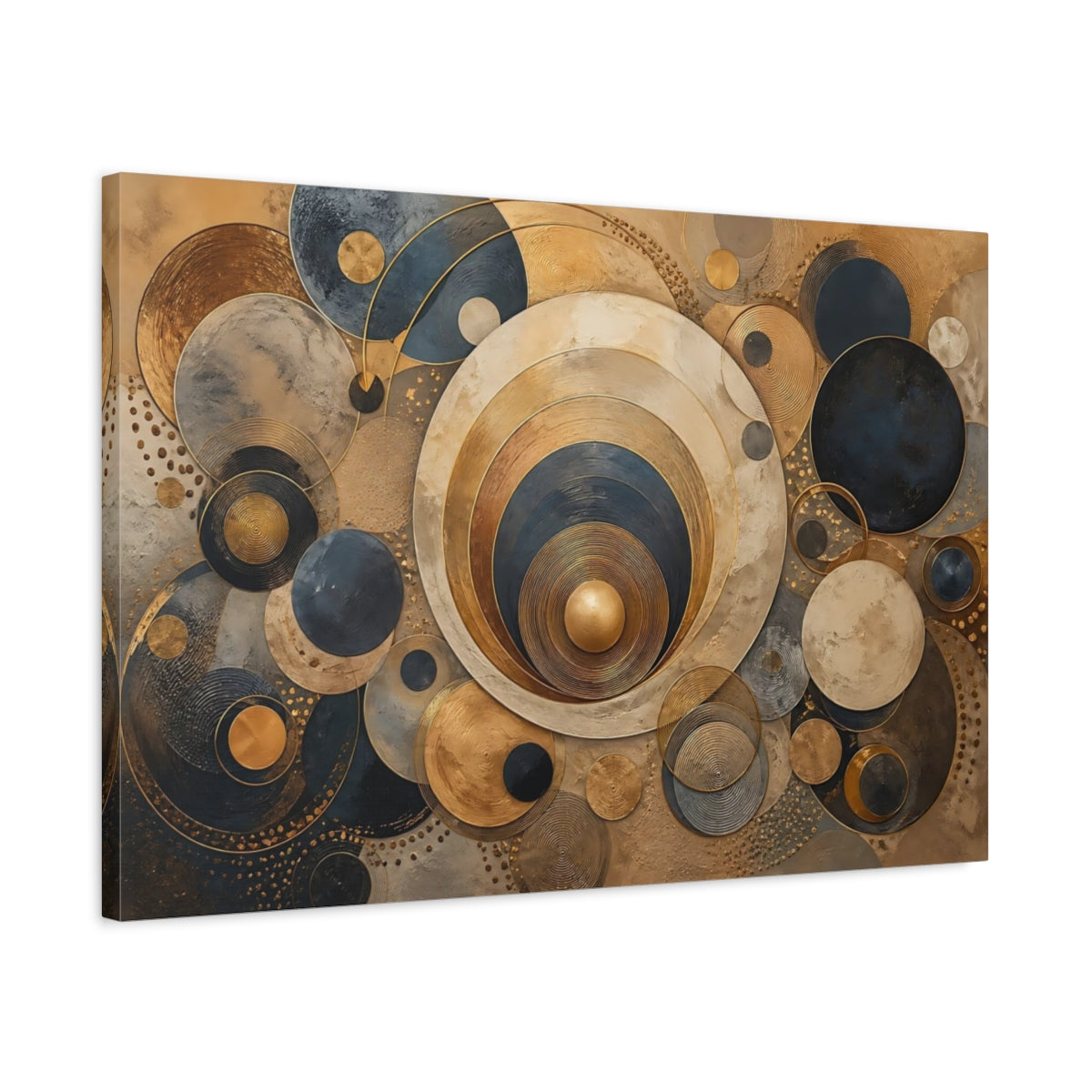 Side Mockup 2. Abstract Concentric Circles Gold Blue Abstract shown as stretched canvas wall art