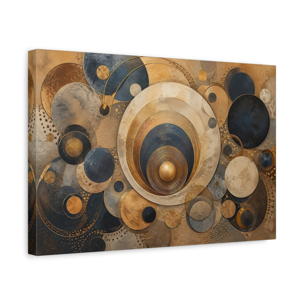 Side Mockup 4. Abstract Concentric Circles Gold Blue Abstract shown as stretched canvas wall art