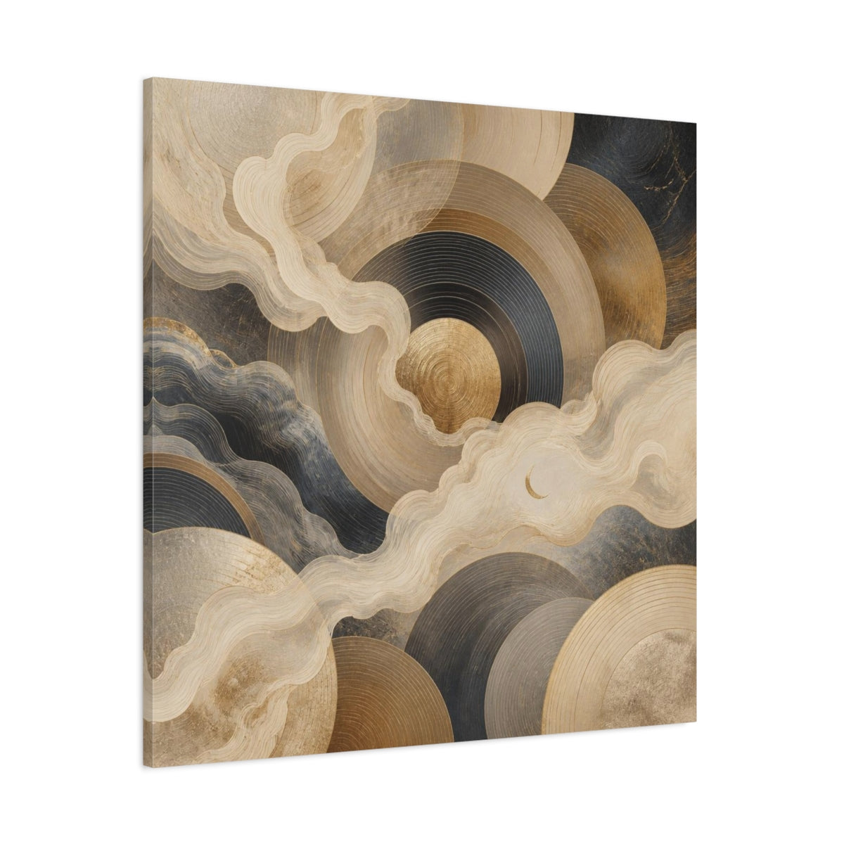 Side Mockup 1. Abstract Concentric Circles With Crescent shown as canvas print