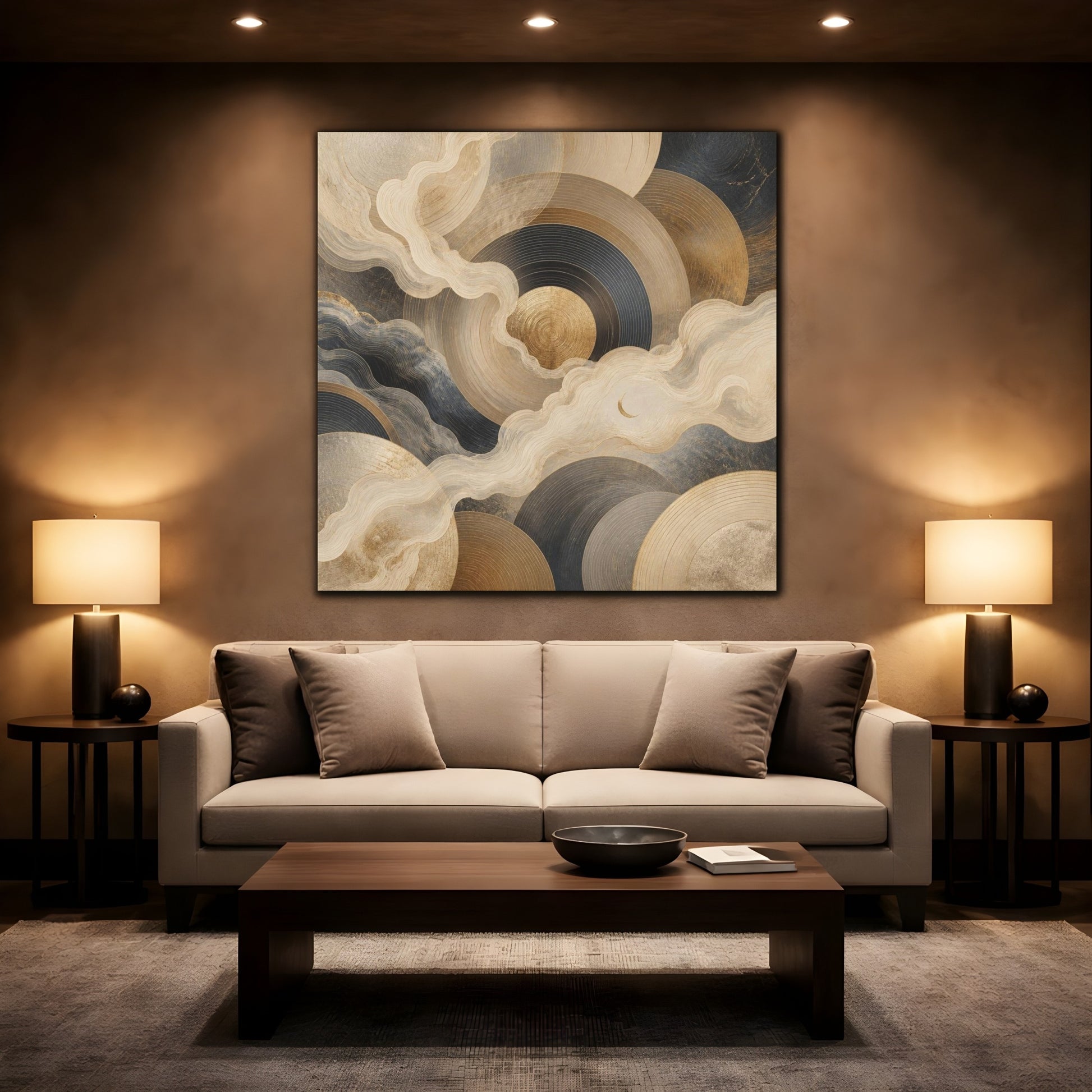 Mockup 2. Abstract Concentric Circles With Crescent shown as canvas print
