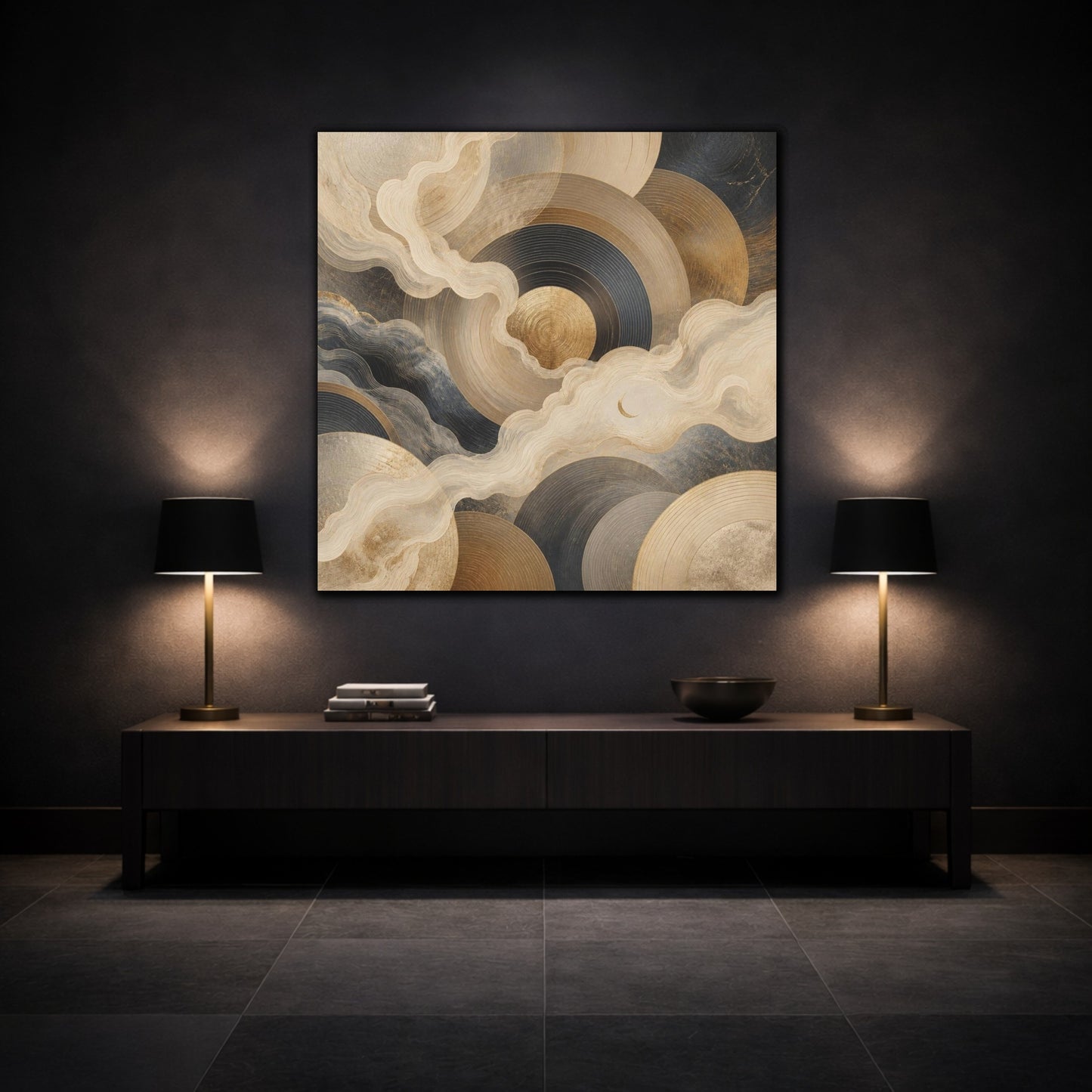 Mockup 3. Abstract Concentric Circles With Crescent shown as canvas print