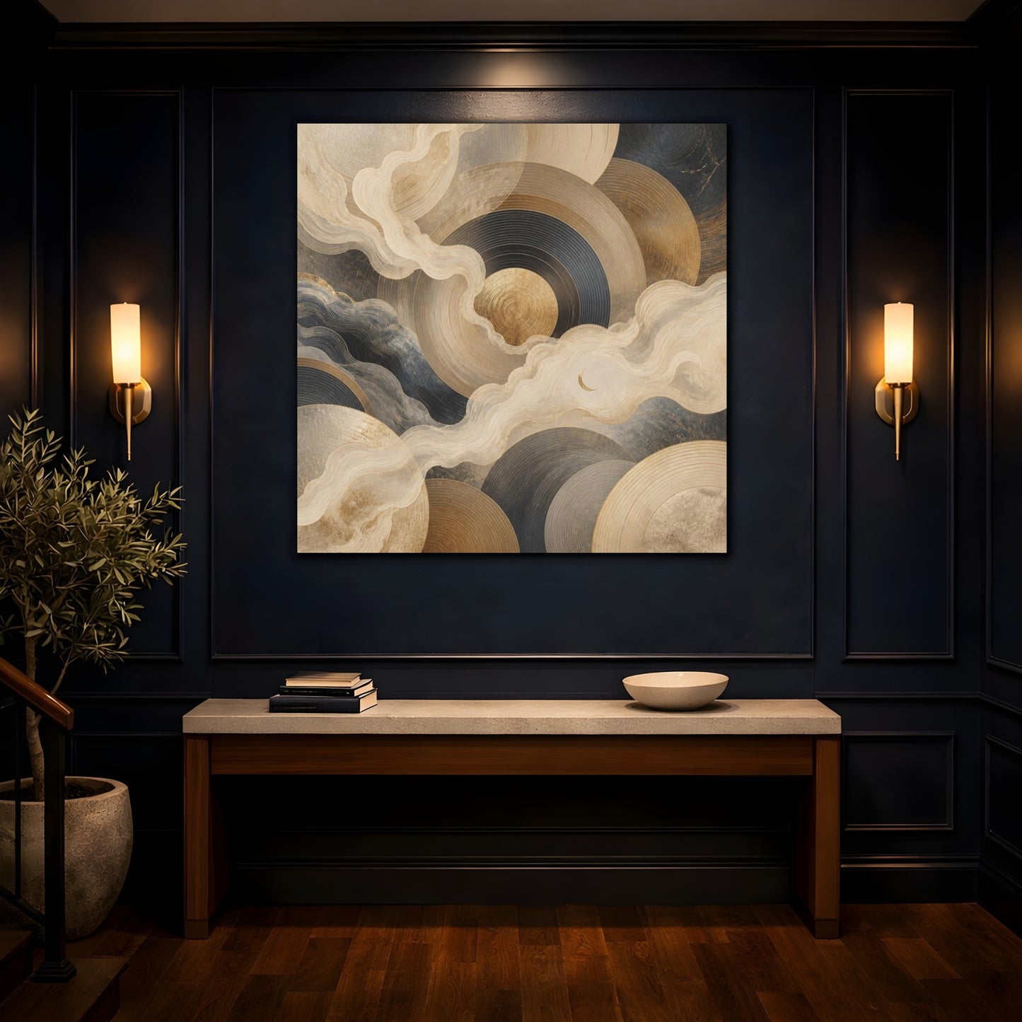 Mockup 4. Abstract Concentric Circles With Crescent shown as canvas print