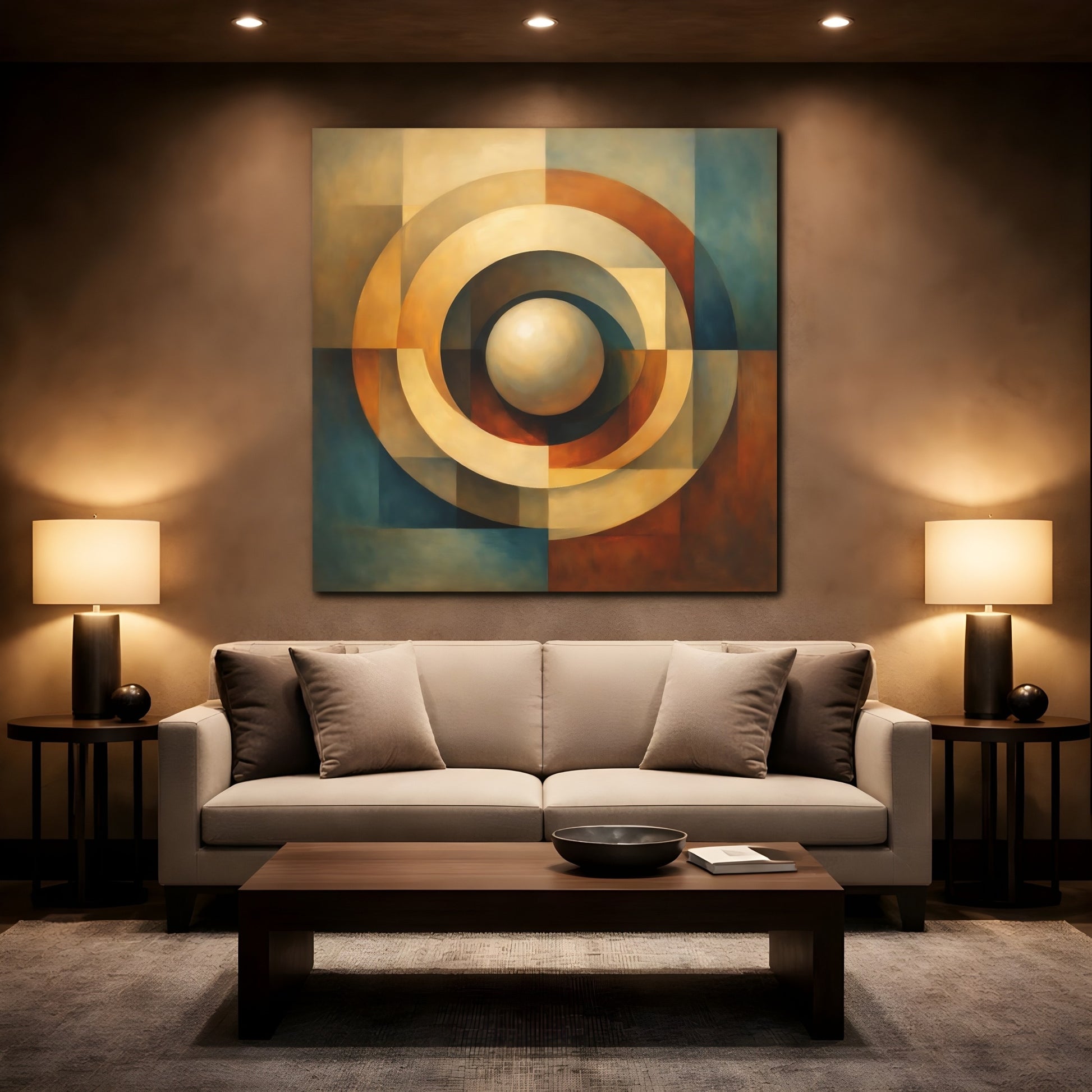 Mockup 2. Abstract Concentric Rings Abstract Earthy Tones shown as stretched canvas wall art