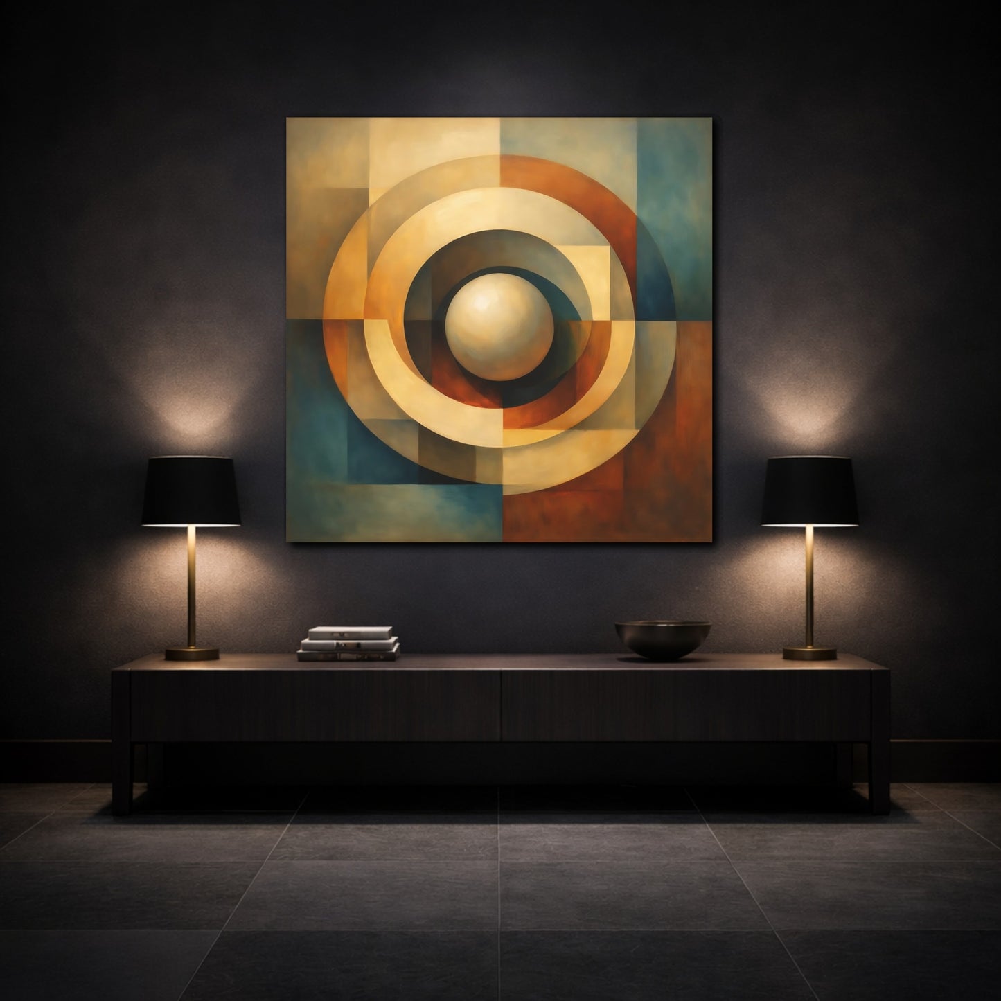 Mockup 3. Abstract Concentric Rings Abstract Earthy Tones shown as stretched canvas wall art
