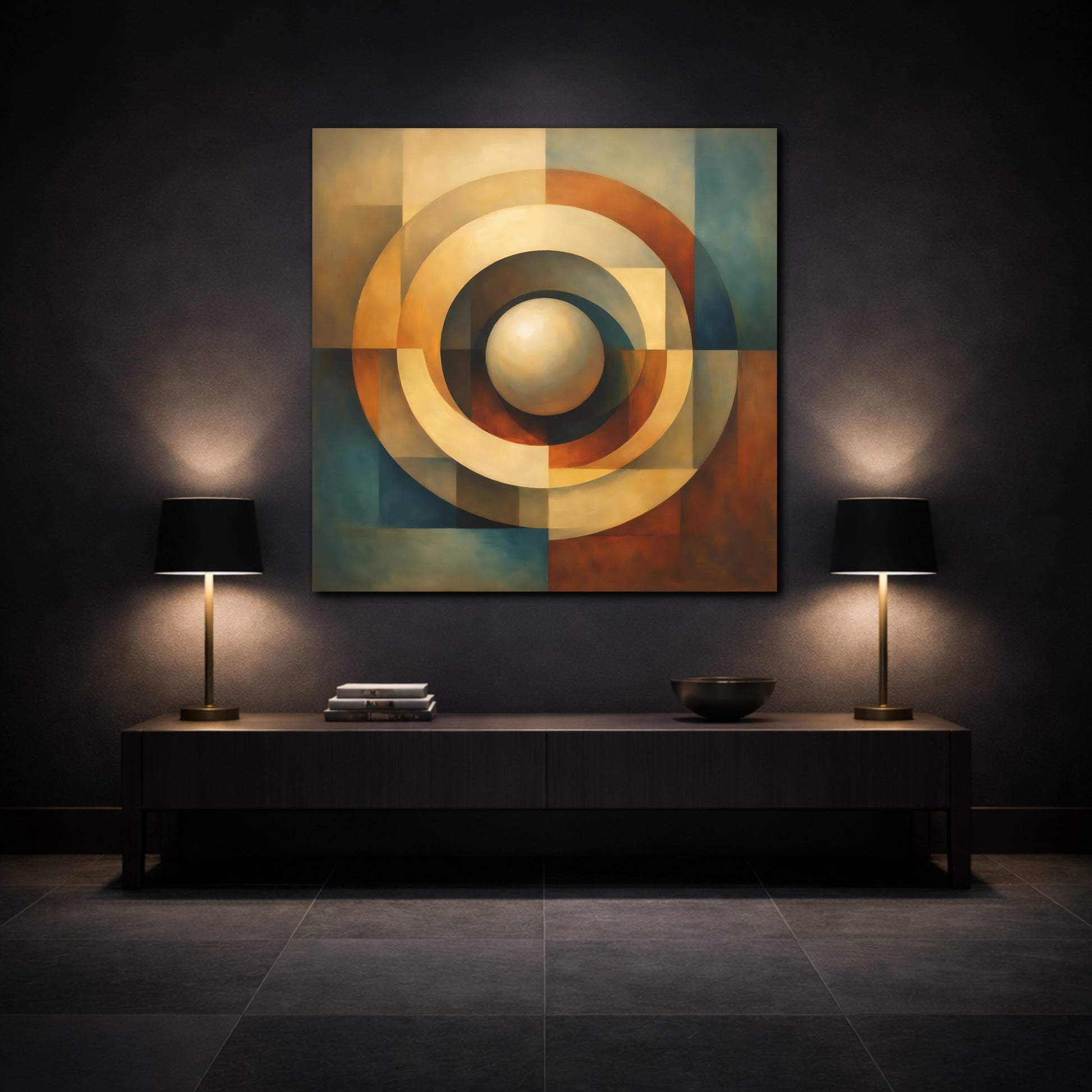 Mockup 3. Abstract Concentric Rings Abstract Earthy Tones shown as stretched canvas wall art