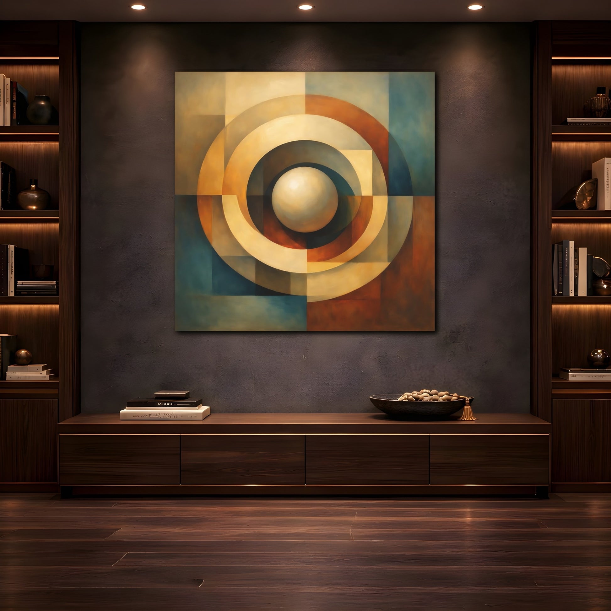 Mockup 4. Abstract Concentric Rings Abstract Earthy Tones shown as stretched canvas wall art