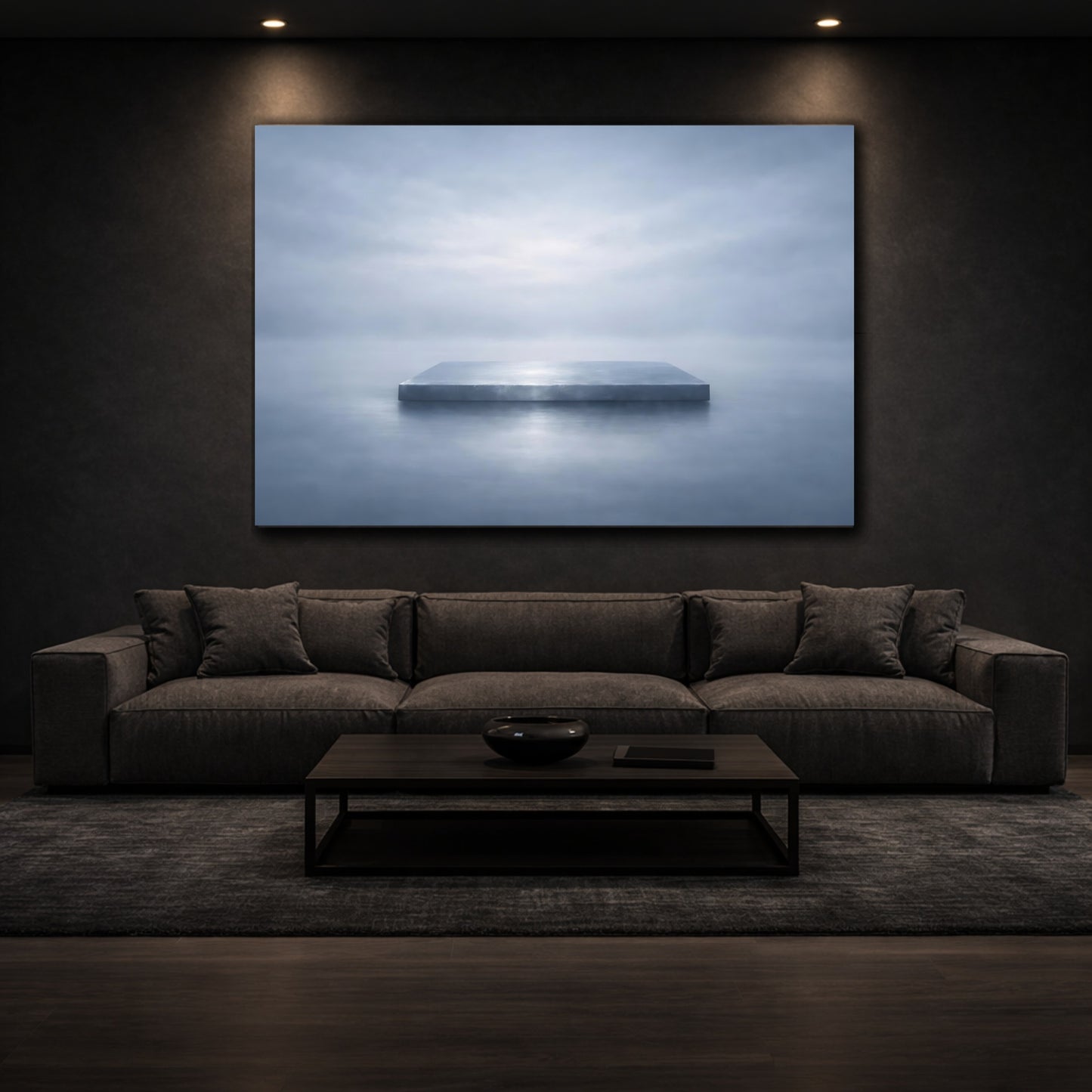 Abstract Concrete Slab Misty Blue Abstract shown as front canvas room wall art