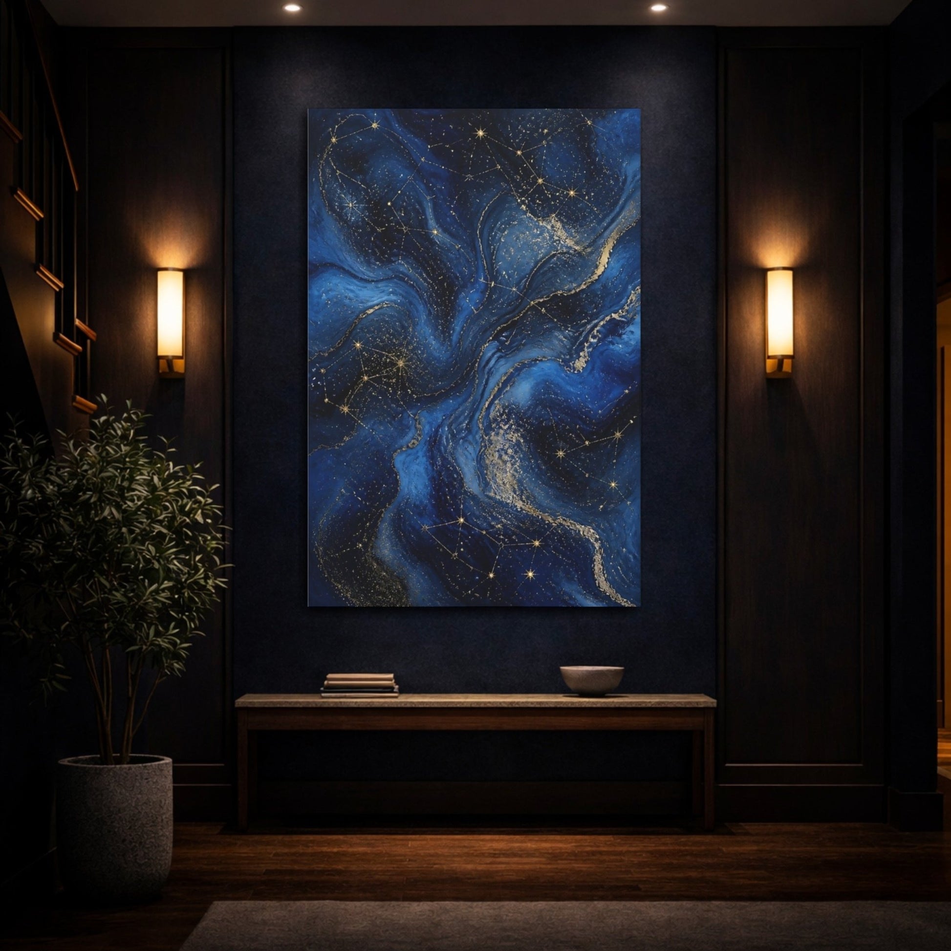 Abstract Constellations Blue And Gold Canvas Wall Art Print – Living Room, Above Console Table - YesArtYes