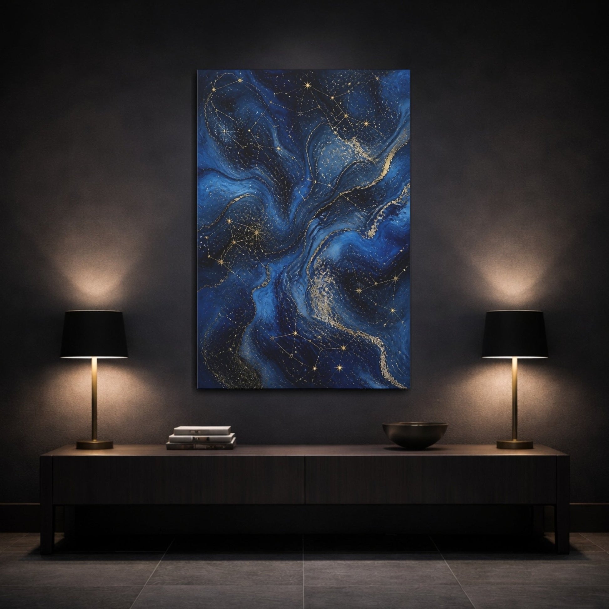 Abstract Constellations Blue And Gold Canvas Wall Art Print – Living Room, Above Console Table - YesArtYes