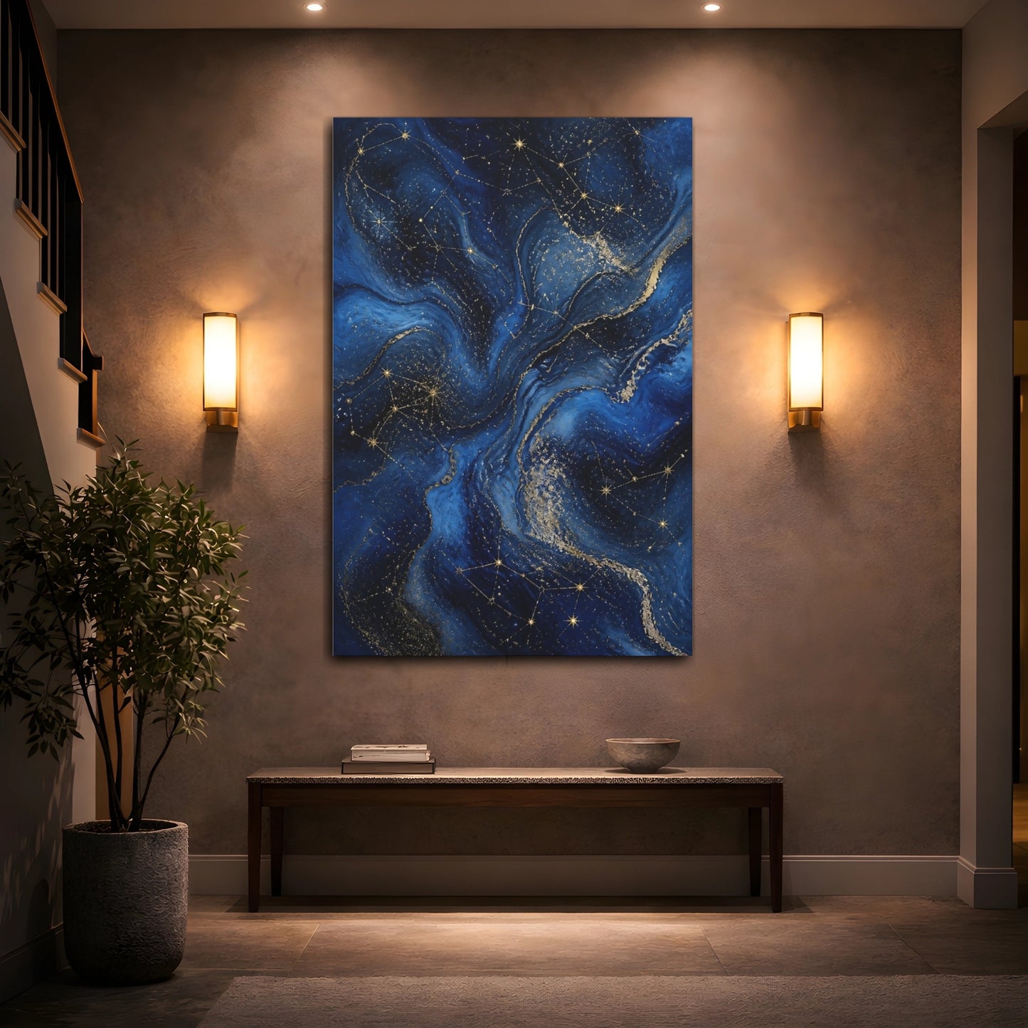 Mockup 2. Abstract Constellations Blue And Gold shown as stretched canvas wall art