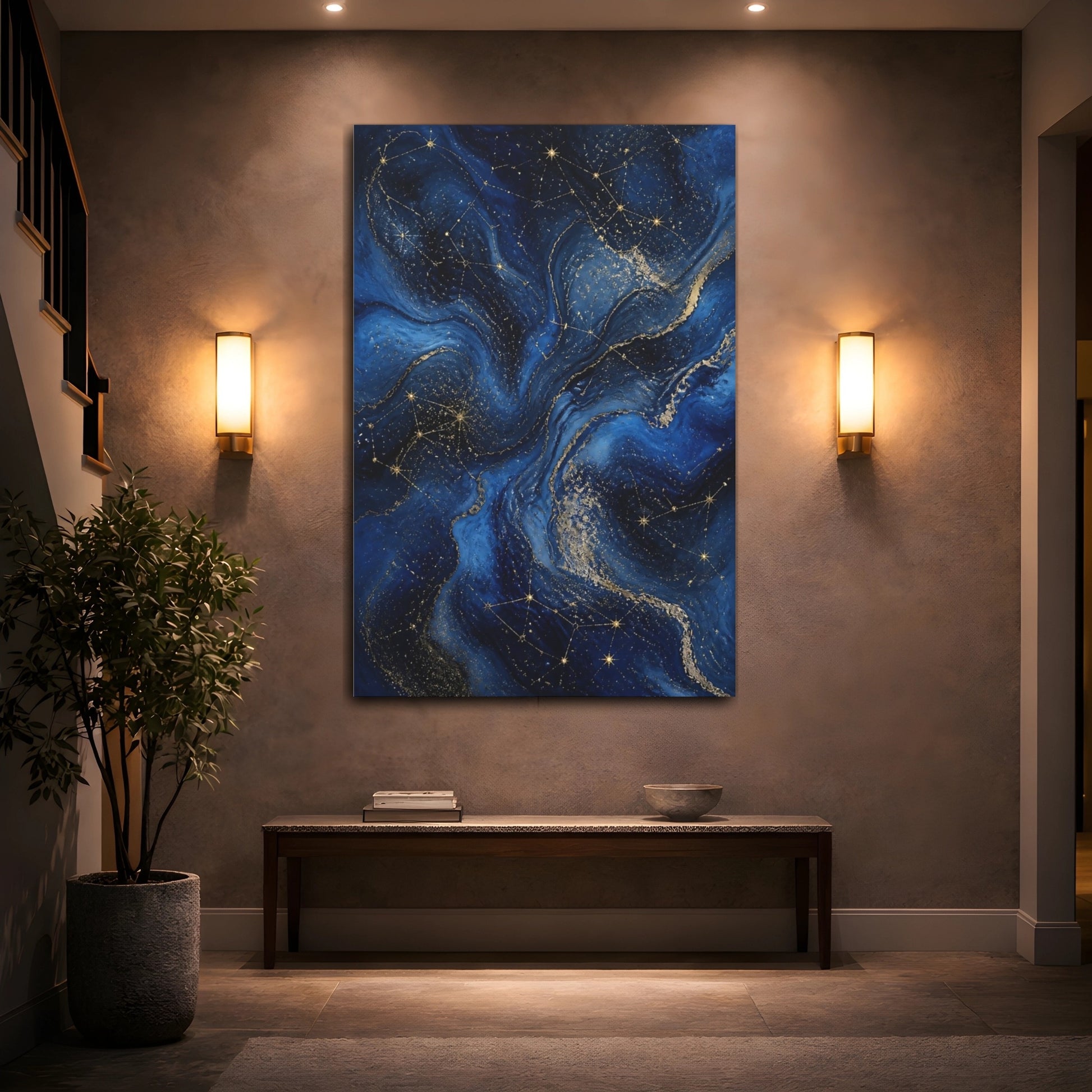 Mockup 2. Abstract Constellations Blue And Gold shown as stretched canvas wall art