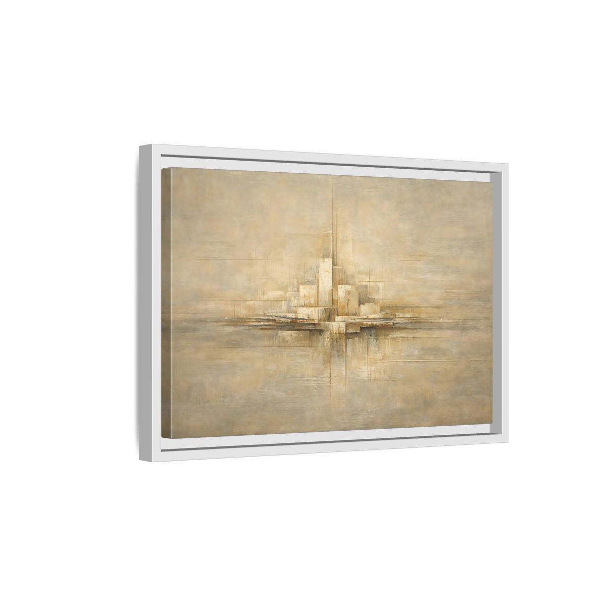 Side Mockup 4. Abstract Abstract City Beige Abstract shown as stretched canvas wall art