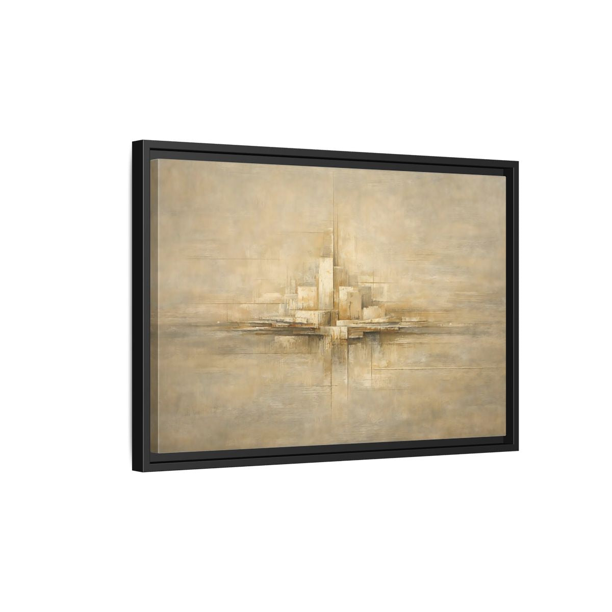 Side Mockup 3. Abstract Abstract City Beige Abstract shown as stretched canvas wall art