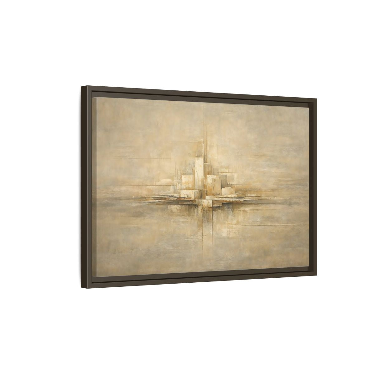 Side Mockup 2. Abstract Abstract City Beige Abstract shown as stretched canvas wall art