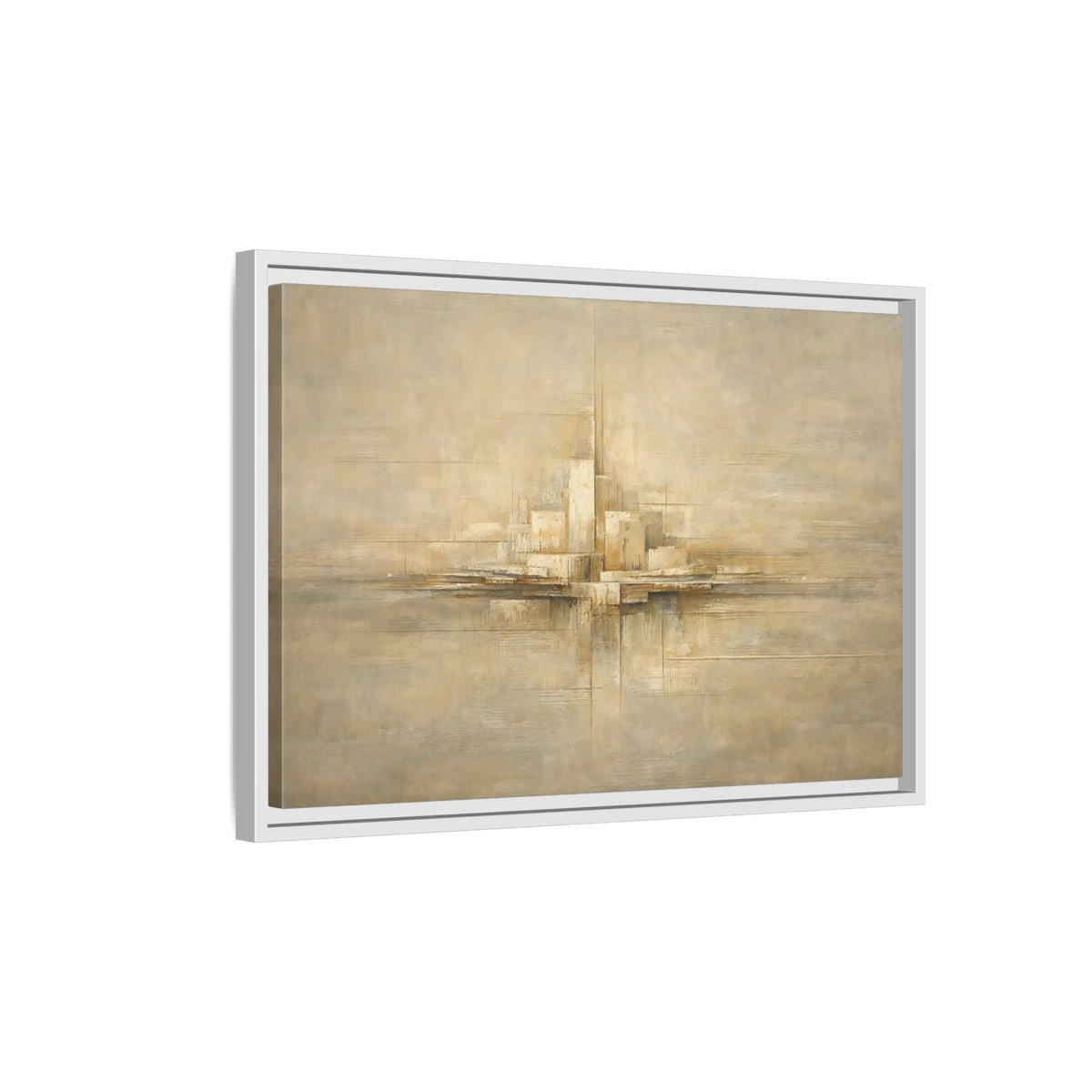 Side Mockup 1. Abstract Abstract City Beige Abstract shown as stretched canvas wall art