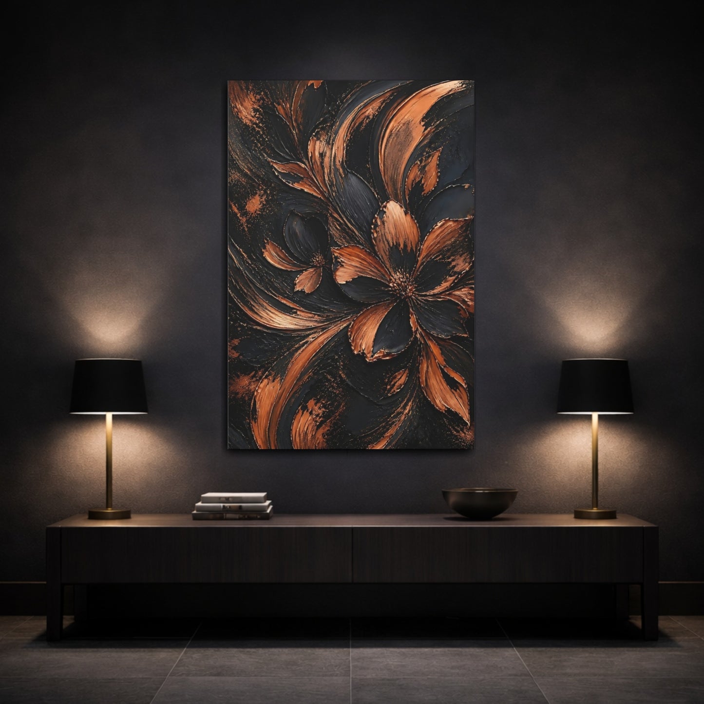 Mockup 3. Abstract Copper Flower shown as canvas print
