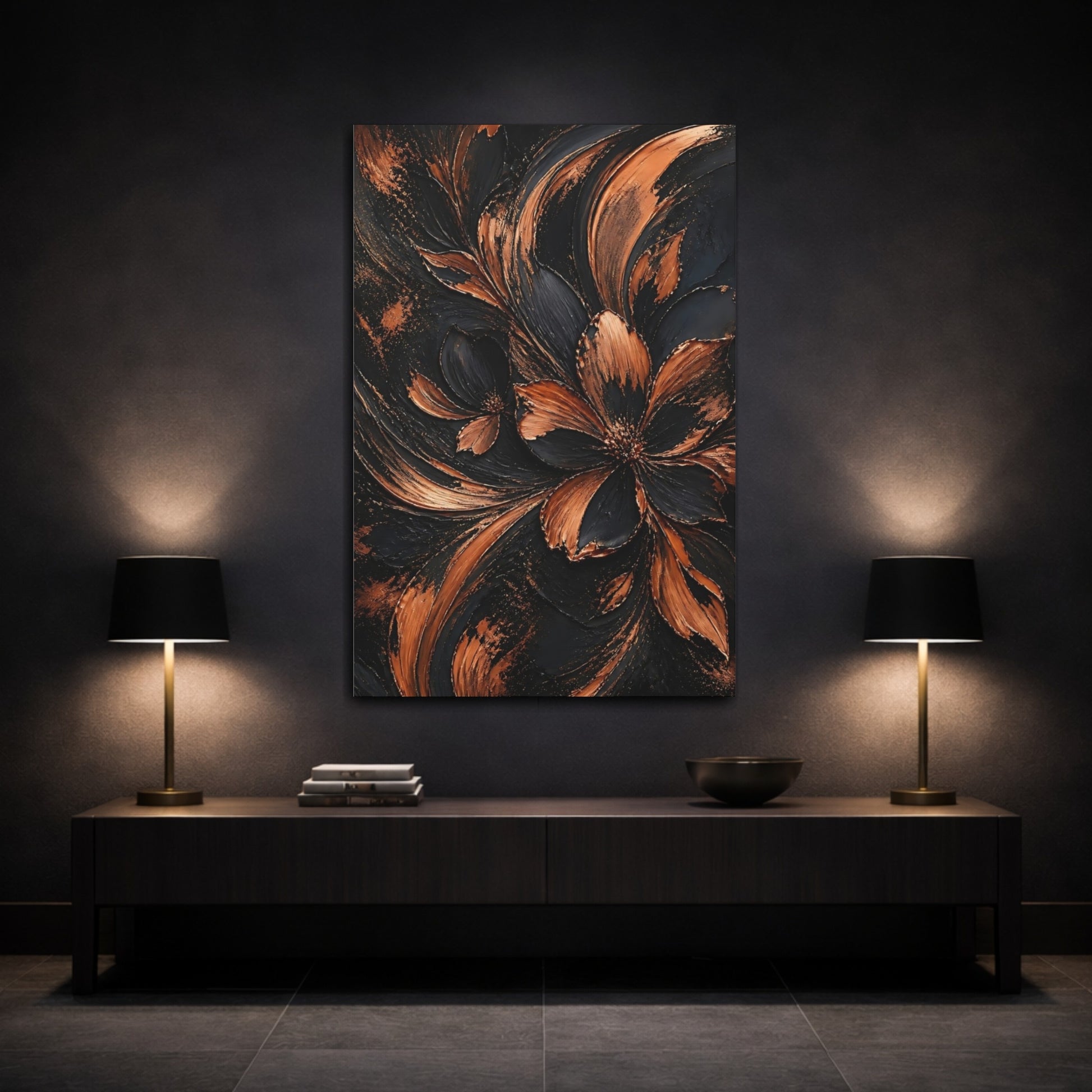 Mockup 3. Abstract Copper Flower shown as canvas print