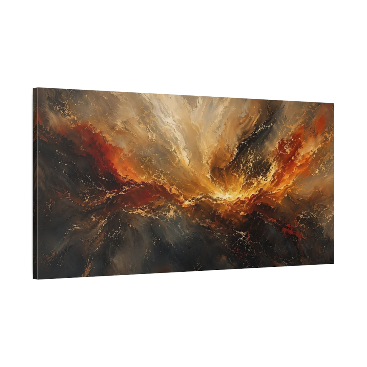 Main Mockup. Abstract Cosmic Energy Abstract Gold And Red shown as stretched canvas wall art