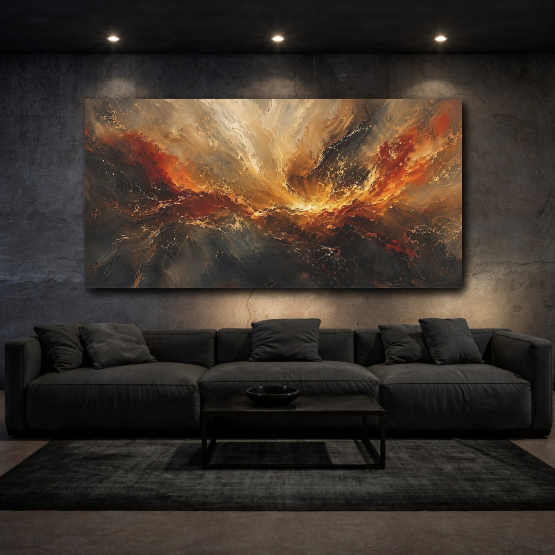 Mockup 2. Abstract Cosmic Energy Abstract Gold And Red shown as stretched canvas wall art