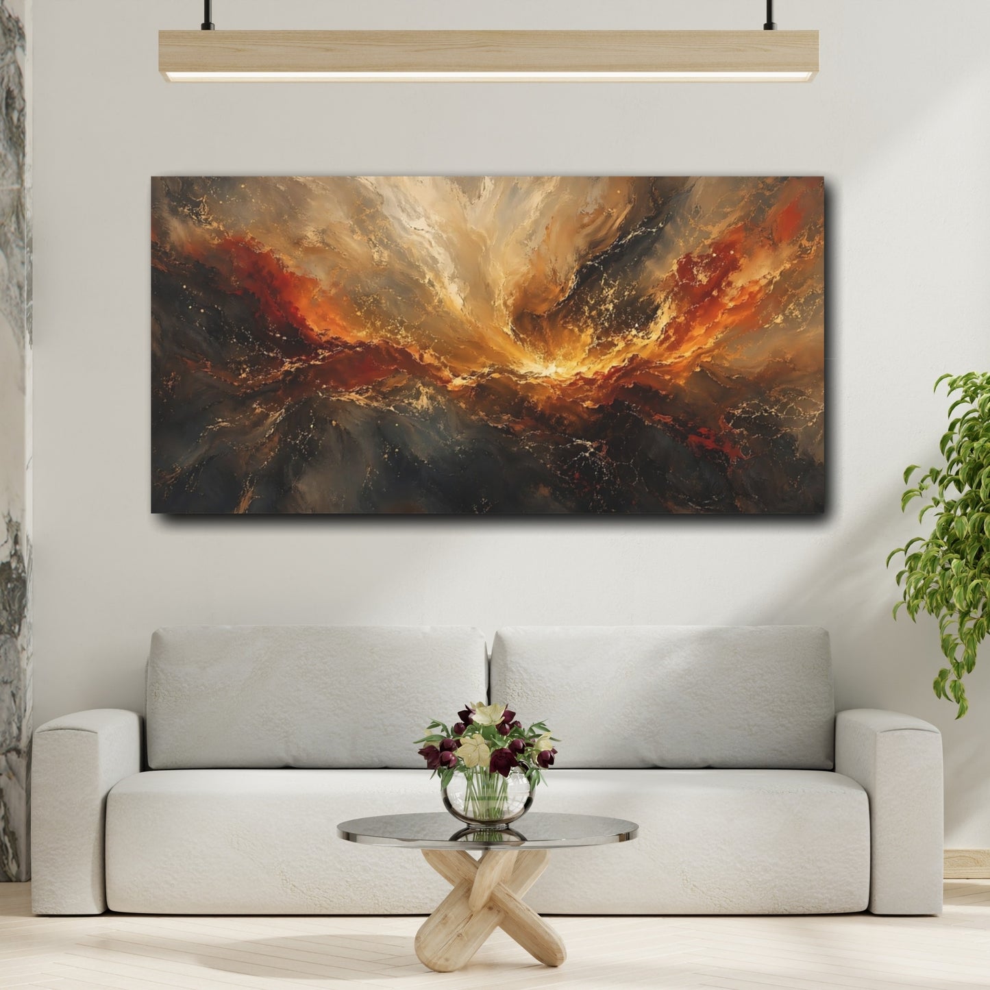 Mockup 3. Abstract Cosmic Energy Abstract Gold And Red shown as stretched canvas wall art
